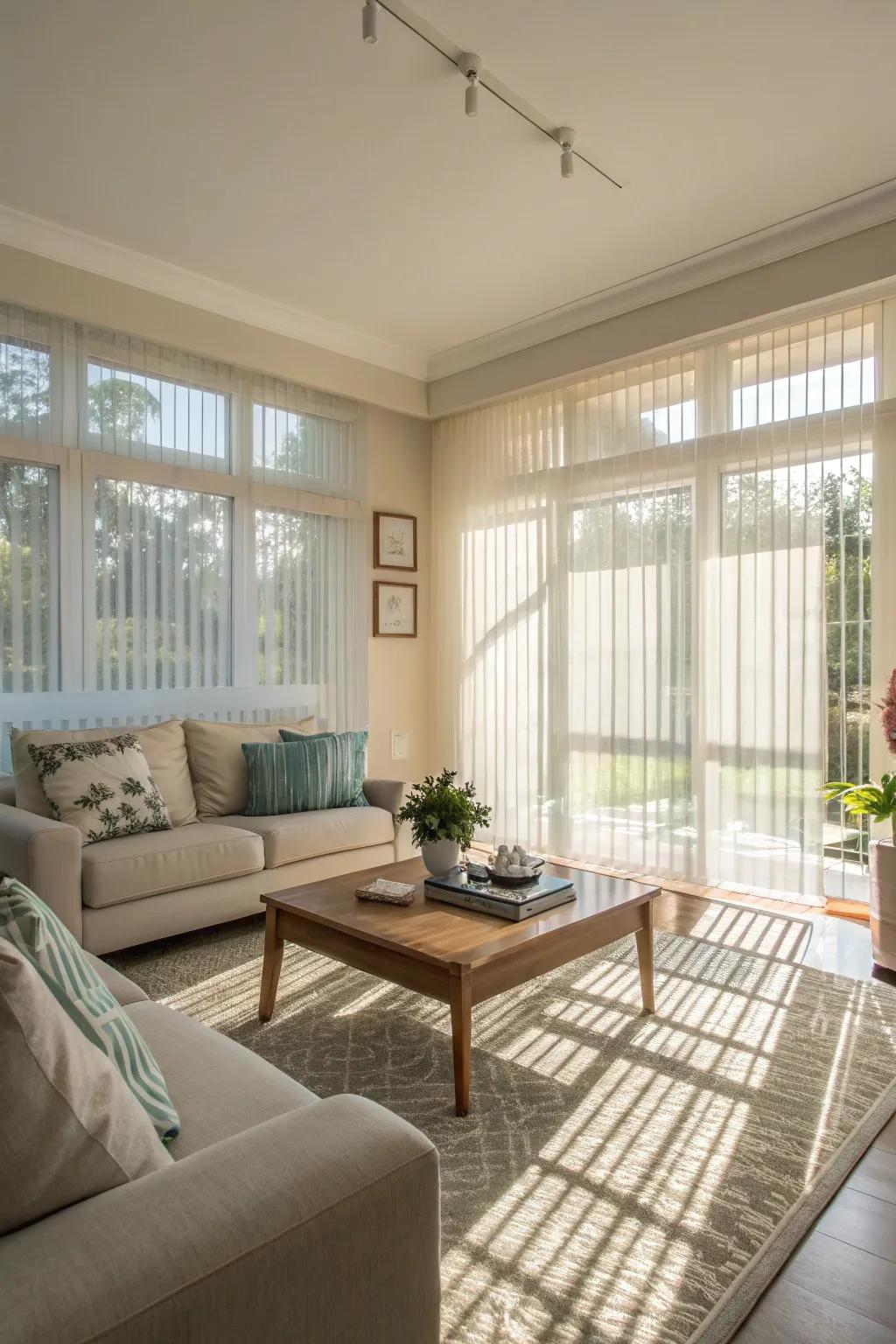 Semi-opaque window solutions create a gentle, light-filled ambiance.
