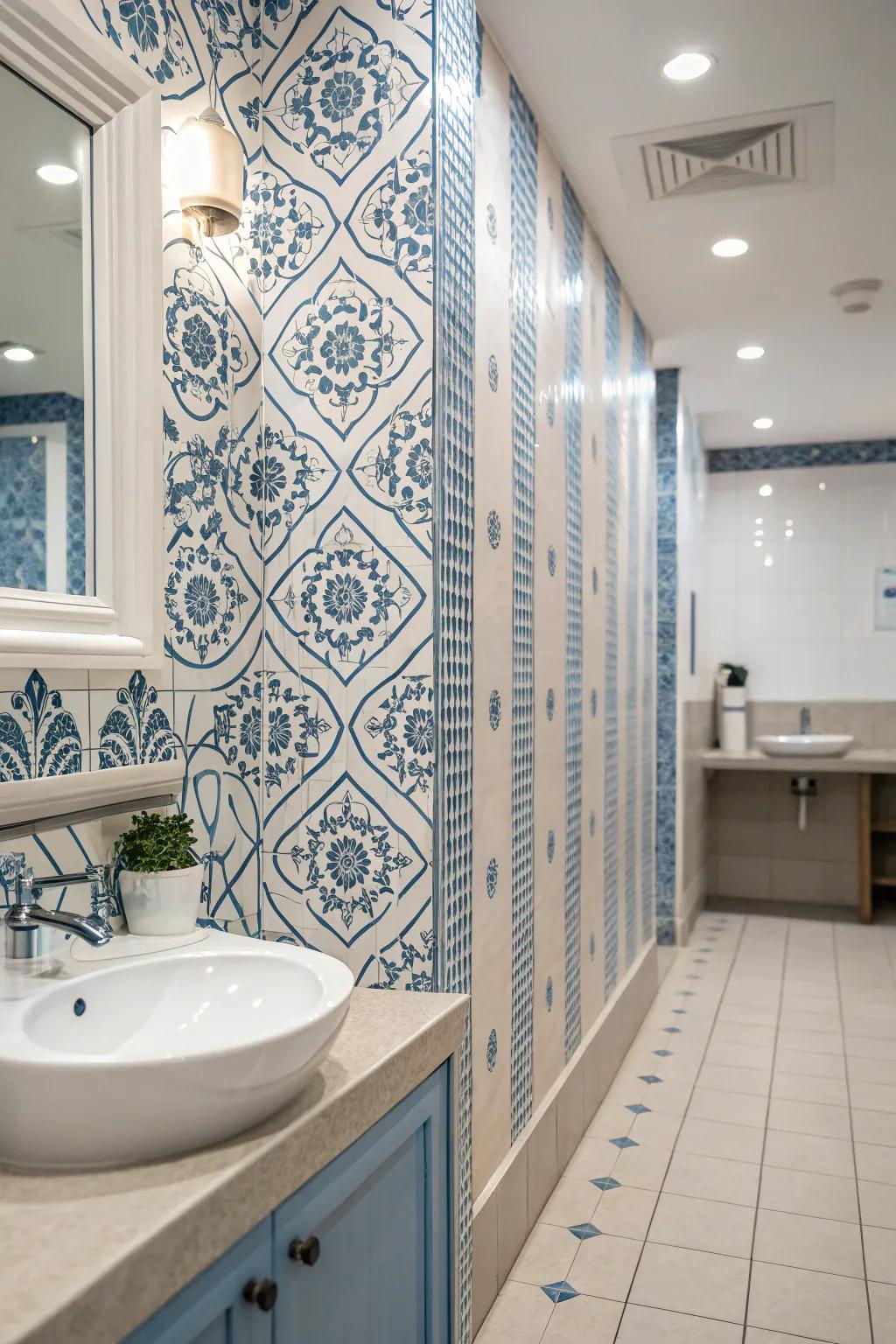 Patterned azure wall decor enhances texture and character to this exquisite washroom.