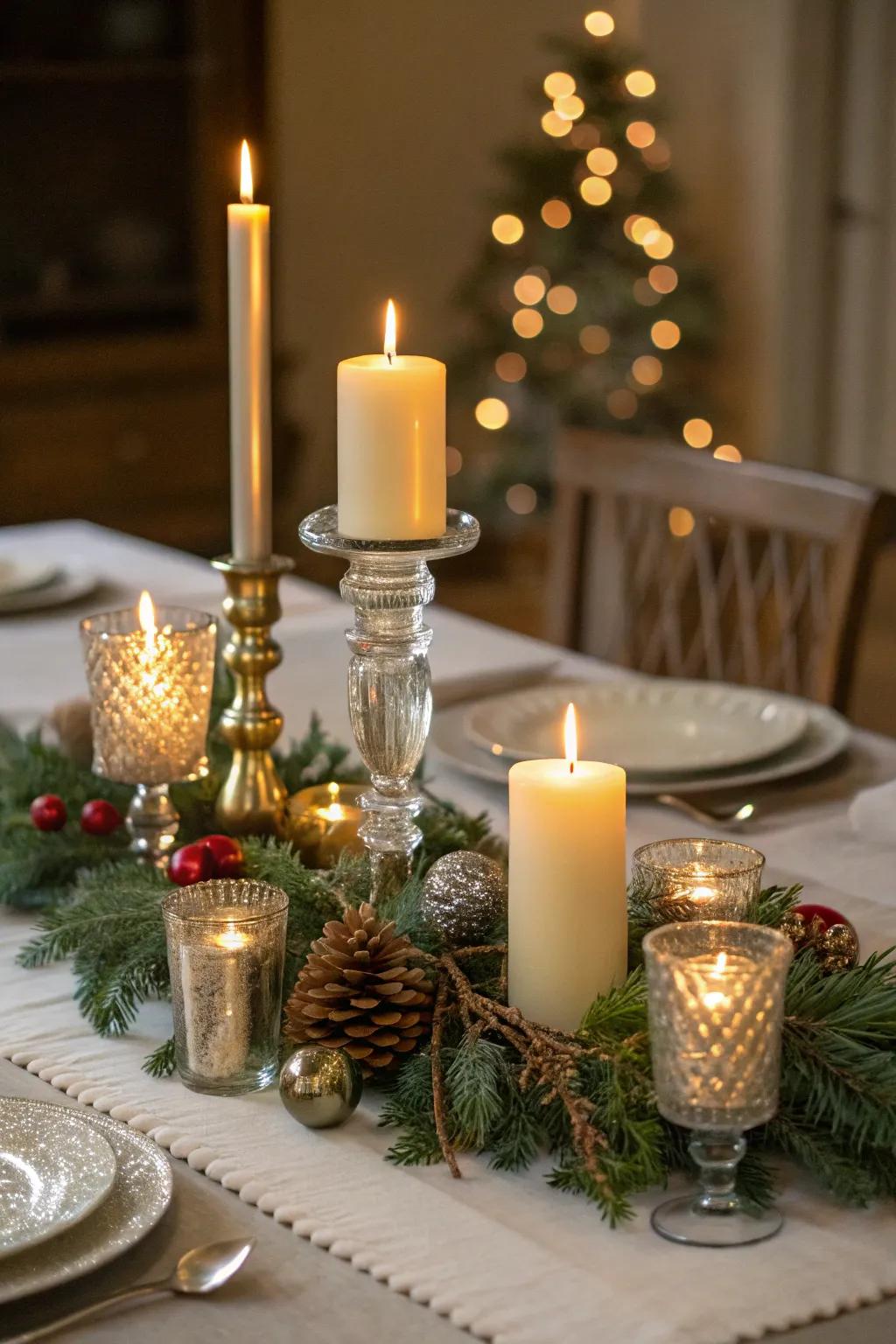 A festive table centerpiece aglow with wax lights of varying heights.