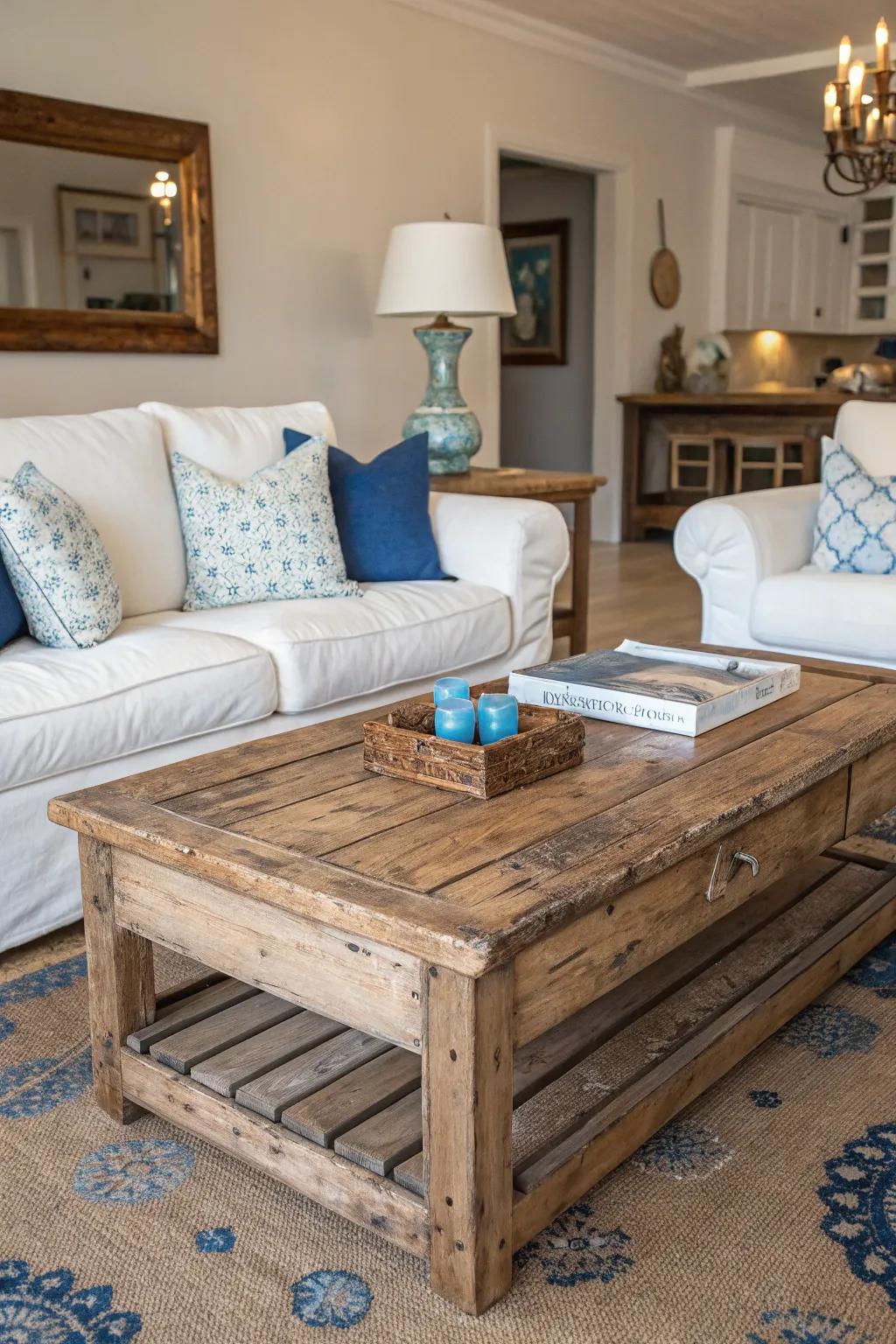 Weathered timber enhances the rustic allure of coastal interiors.