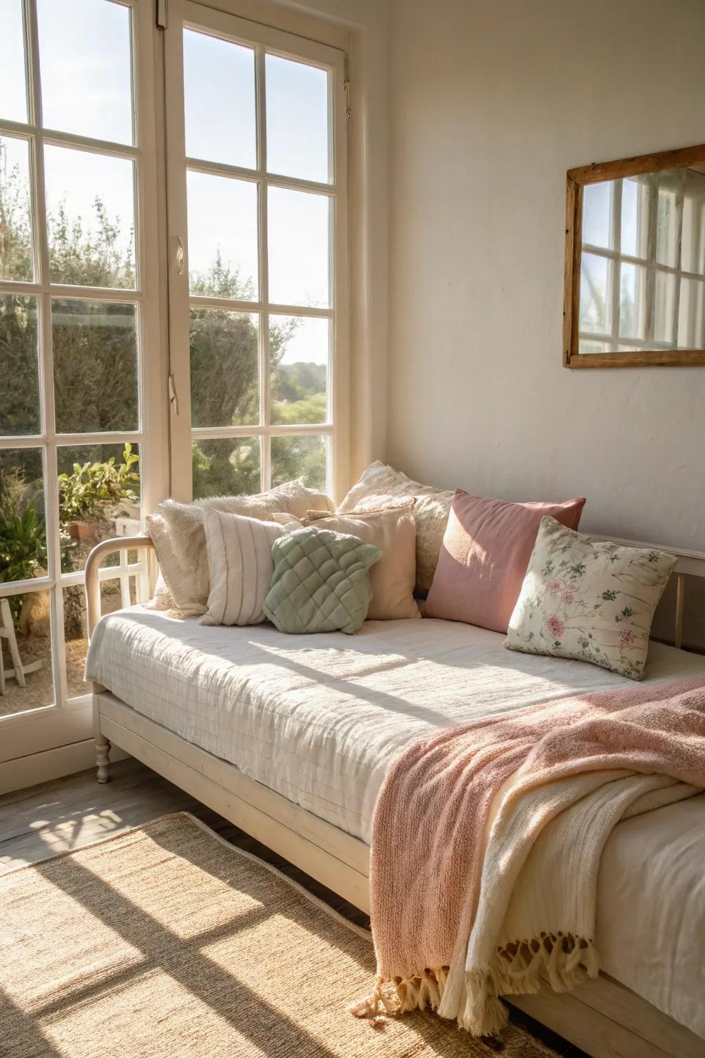 A daybed placed to maximize sunlight, elevating the room's airy feel.