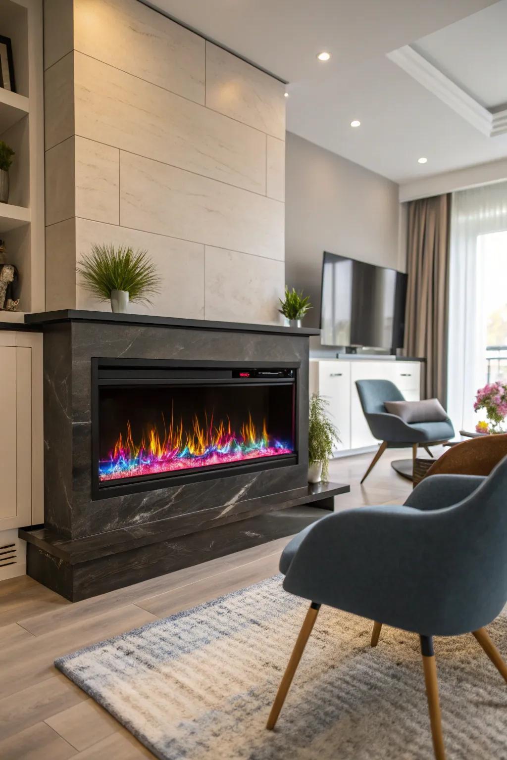 A contemporary interior enhanced by an electric fireplace displaying vibrant multicolor flames.