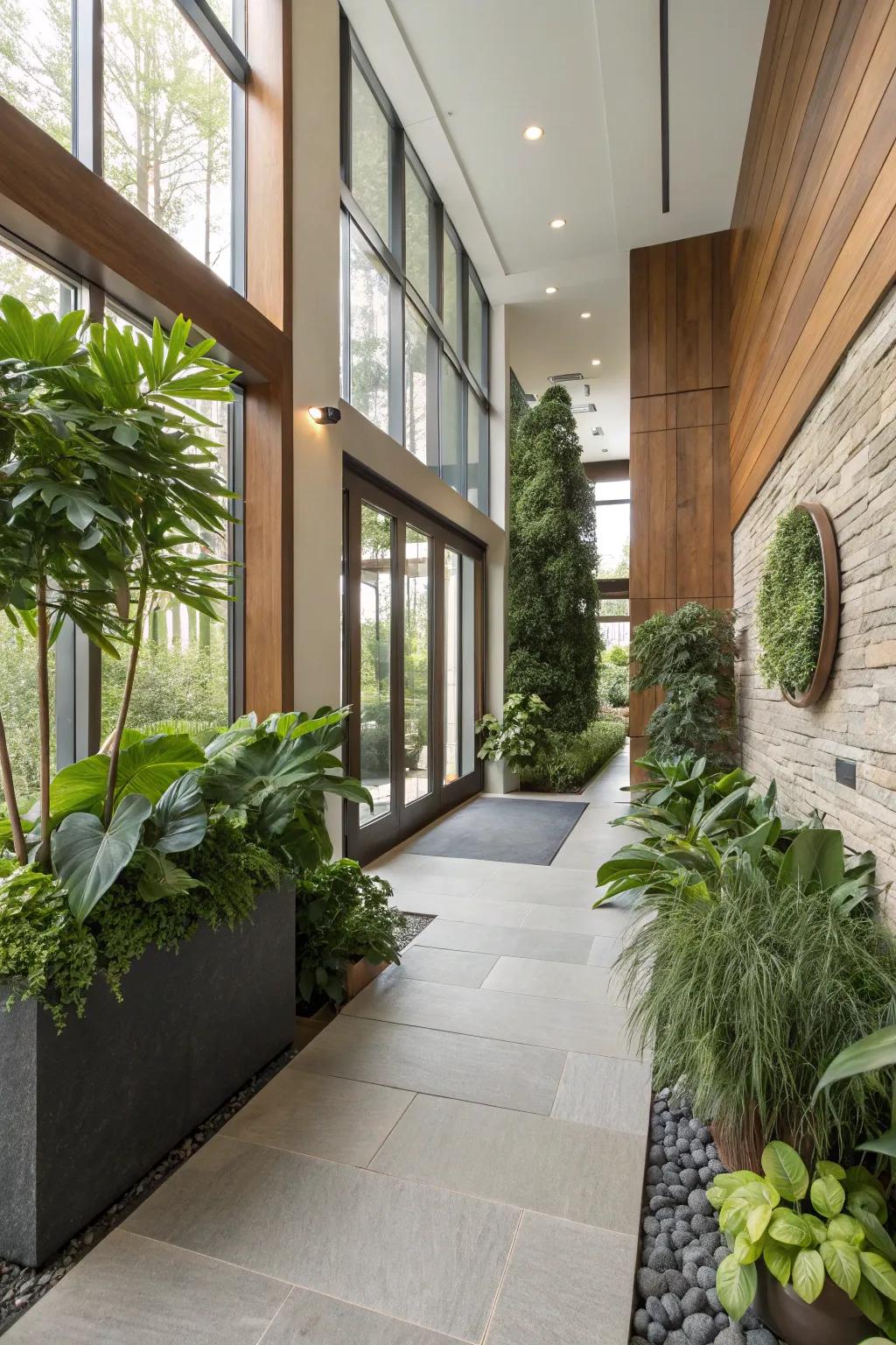 Plant life breathes life into a modern entryway.