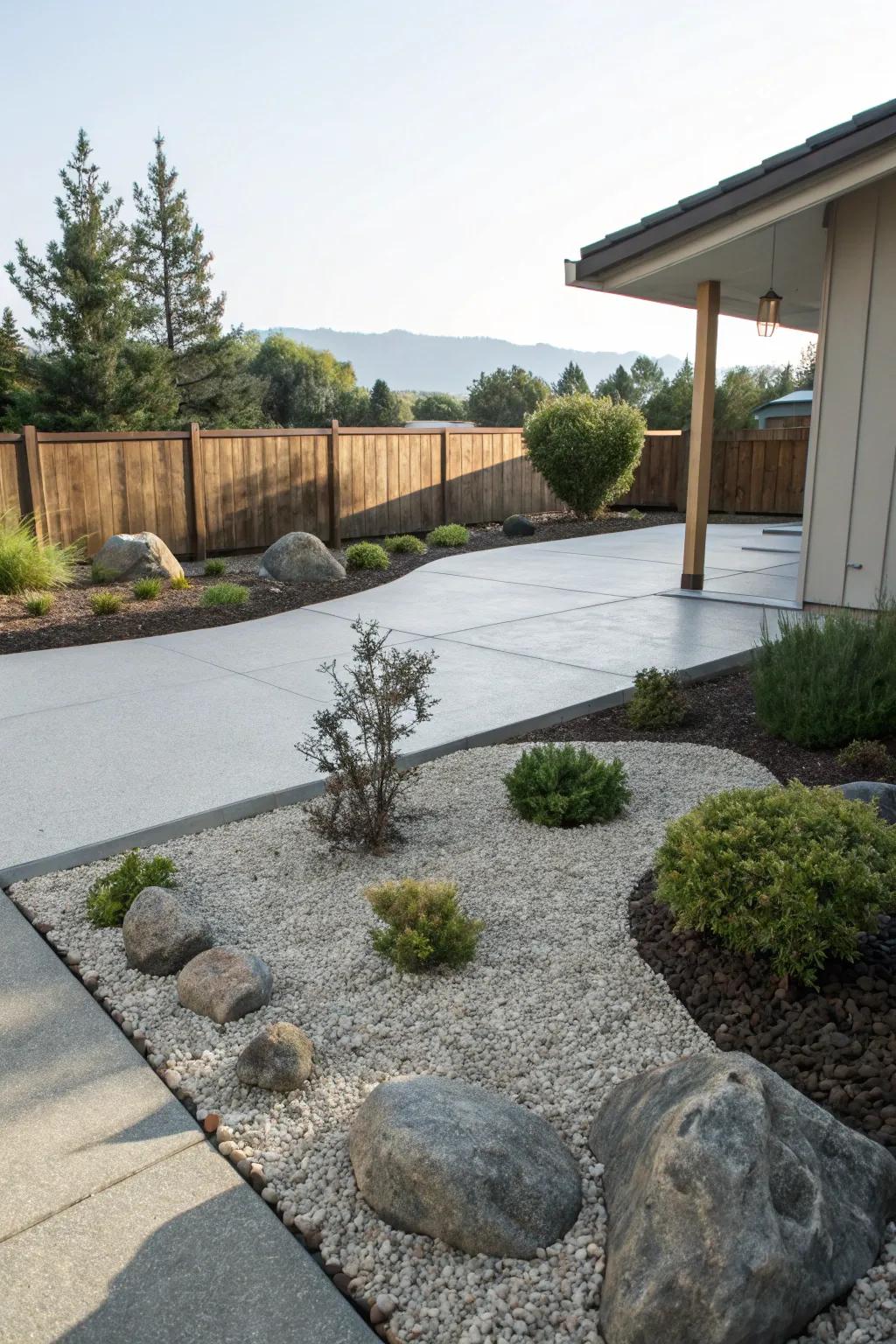 Minimalist landscaping enhances the patio's texture.