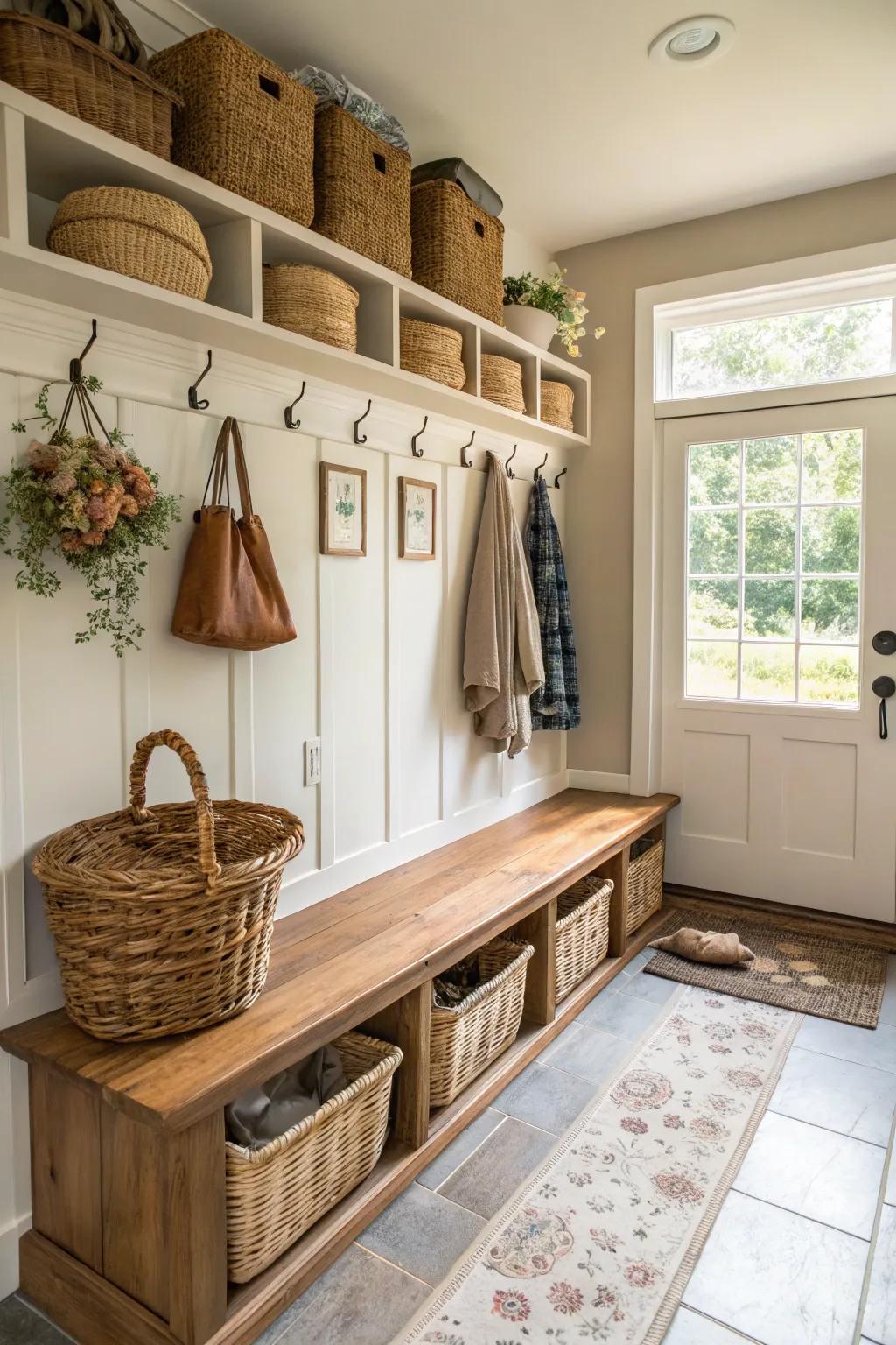 Refined mudroom incorporating woven receptacles for enhanced texture.