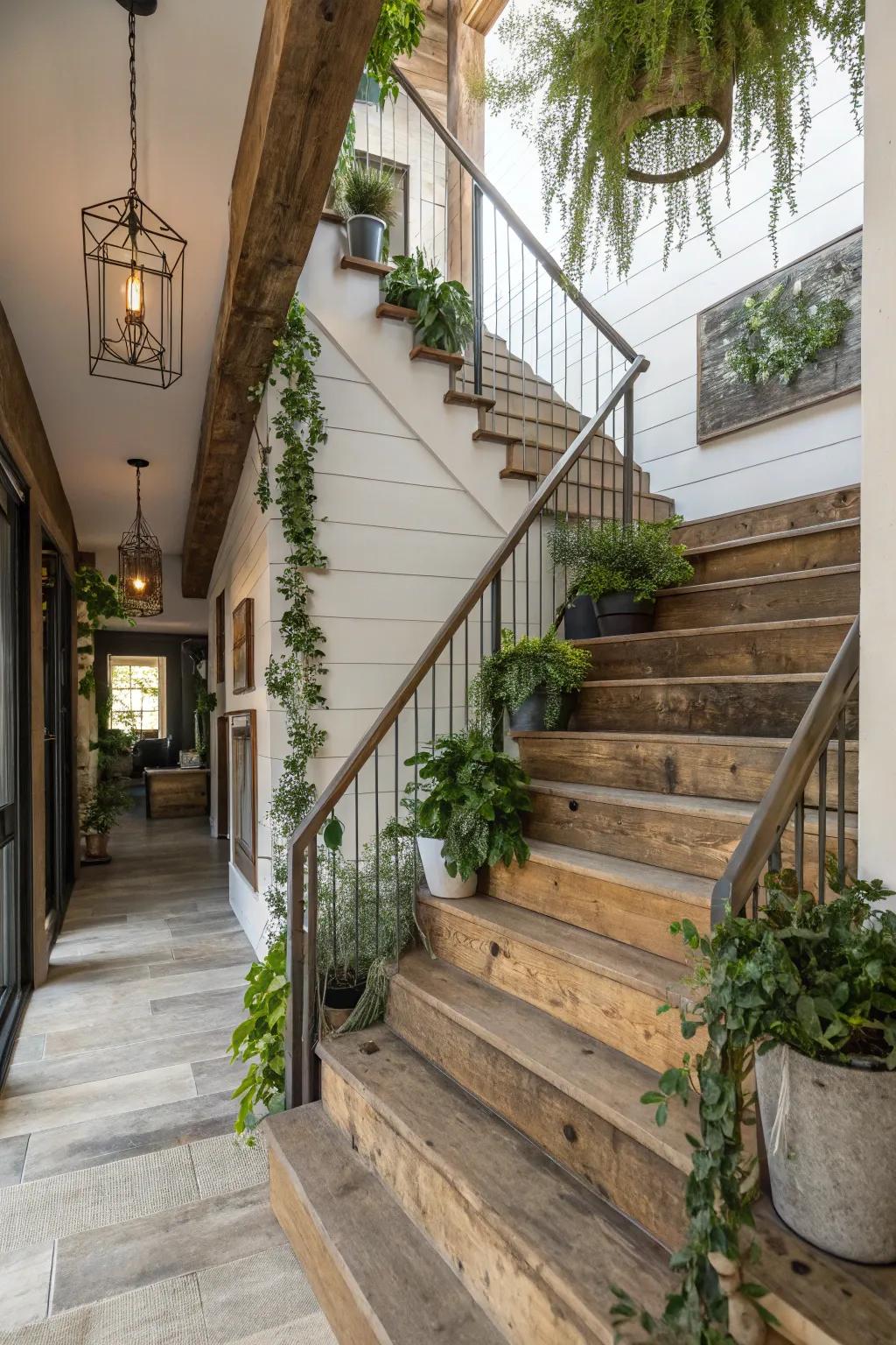 A staircase adorned with rustic accents and greenery, enhancing its farmhouse charm.