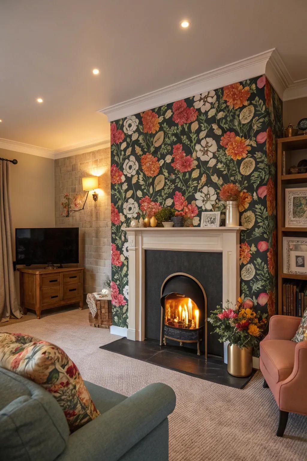 Striking wall covering makes a declaration on your fireplace surround.