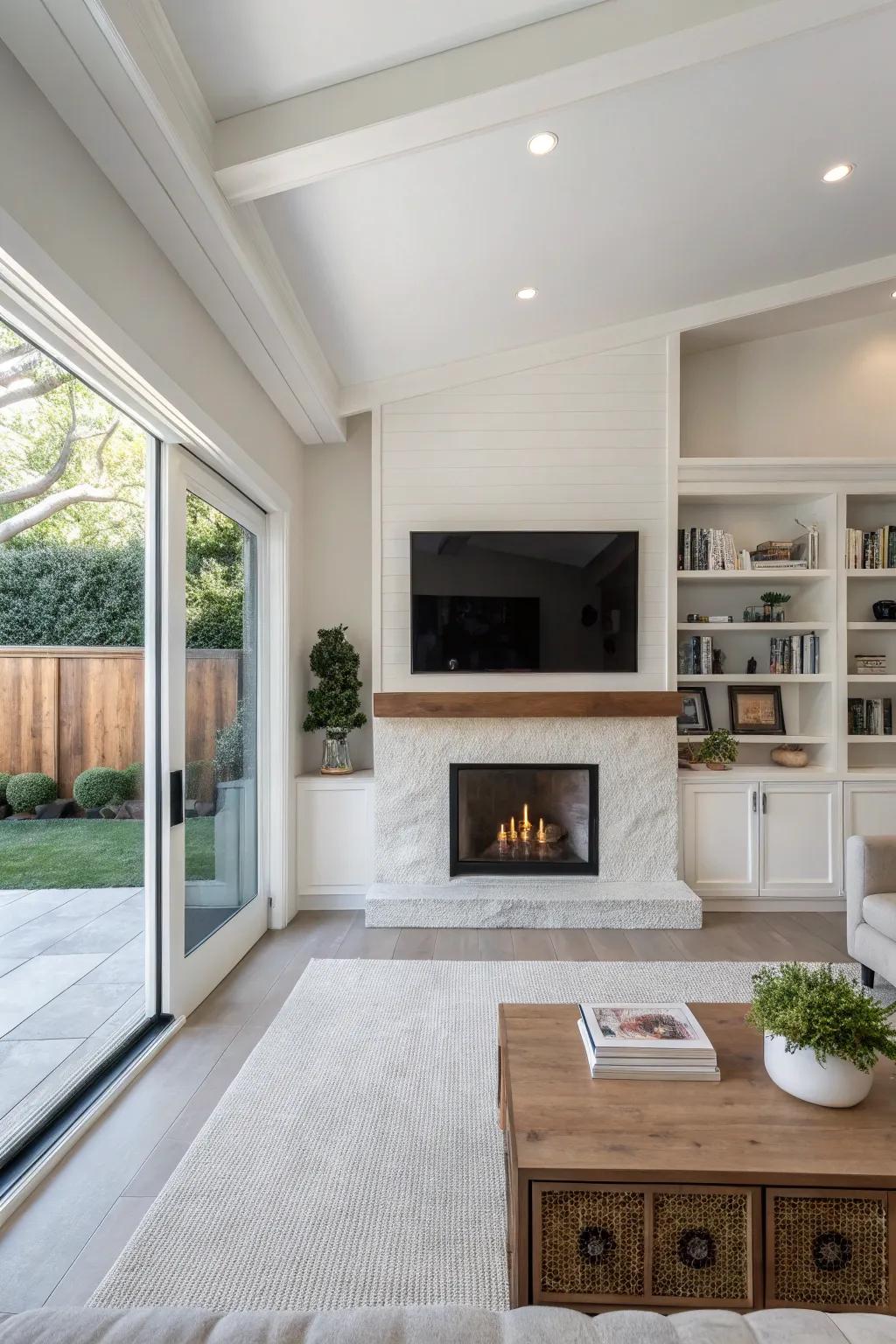 A custom alcove delivers a streamlined aesthetic for a display screen above a hearth.