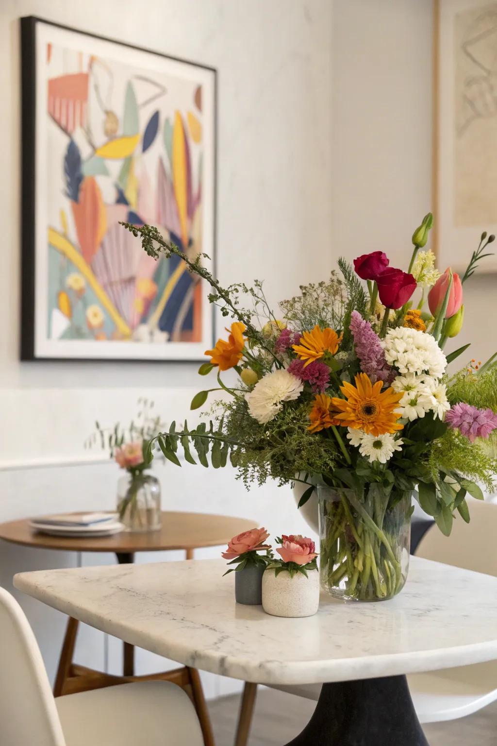 An asymmetrical flower arrangement presenting a contemporary approach.