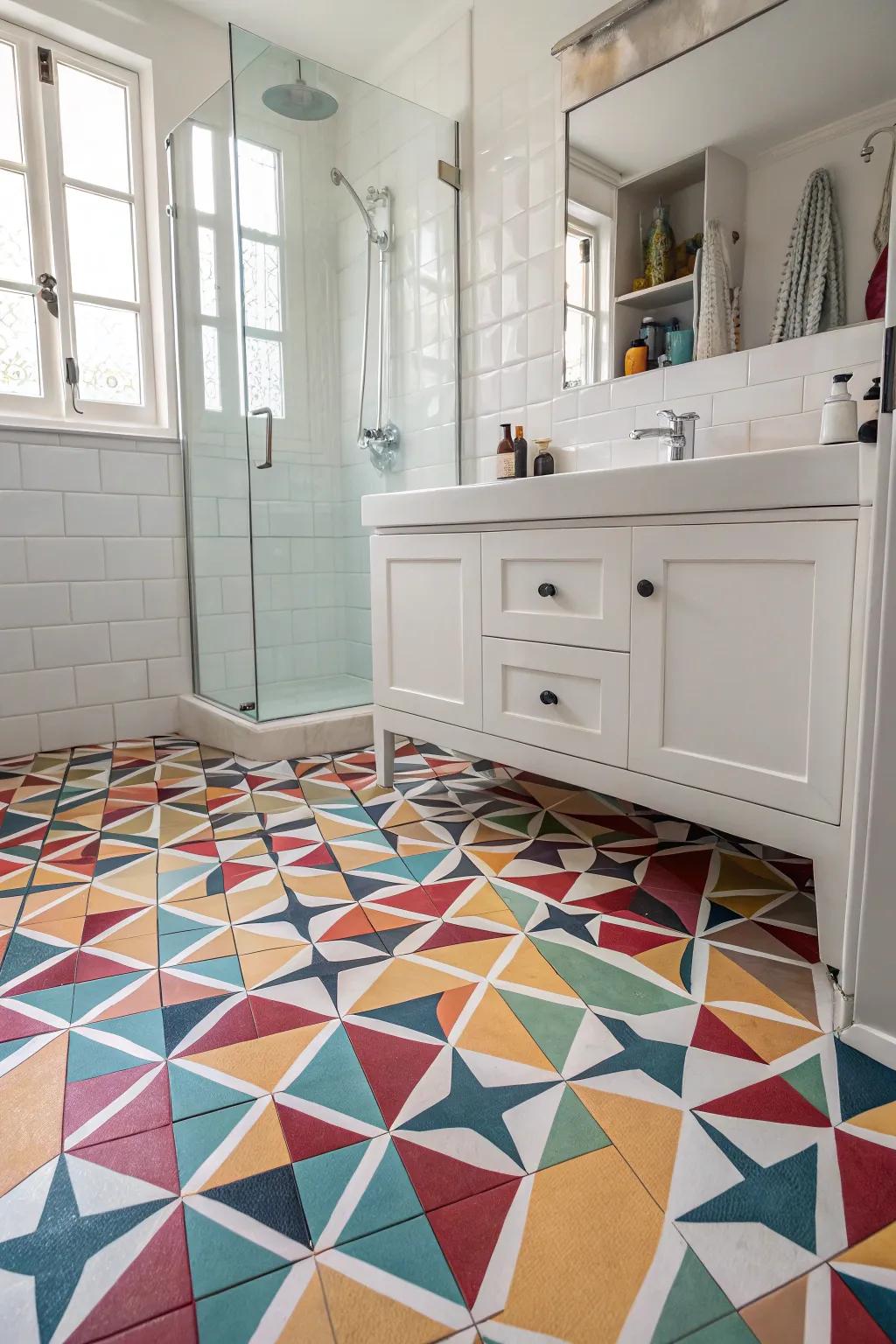 A bathroom with bold geometric patterned floor tiles that append visual interest.