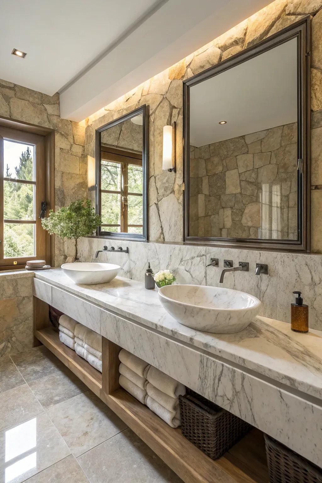 Natural materials like stone and refined stone infuse the area with sophistication and warmth.
