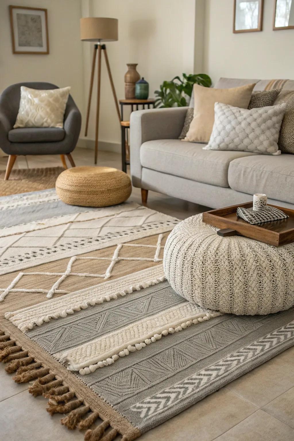 Layered rugs add texture and comfort to the living room.
