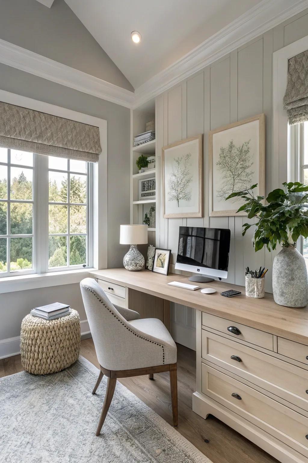 A serene neutral color palette in a home office.