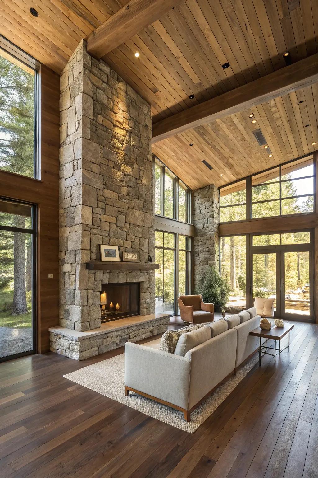 A contemporary interior showcasing wood and stone elements.