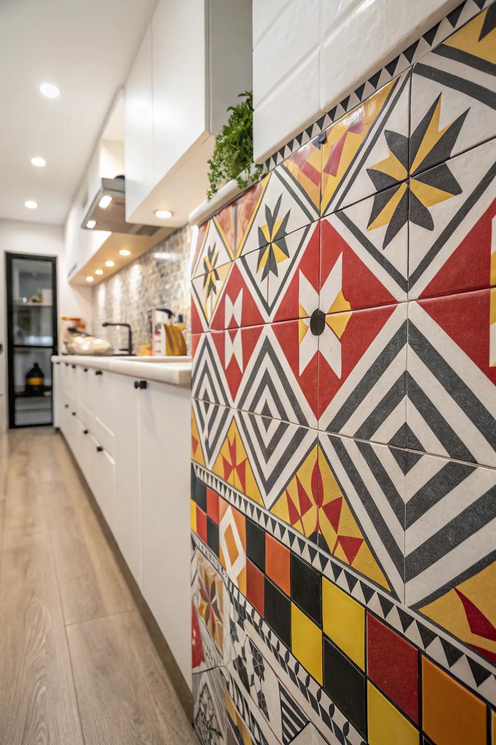 Graphic-patterned panels create a bold statement in modern kitchens.