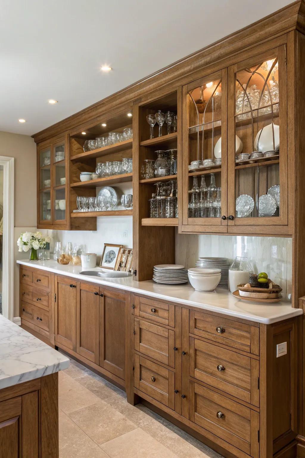 Visible racking enhances the cozy hues of timber vanities, offering design and practicality.