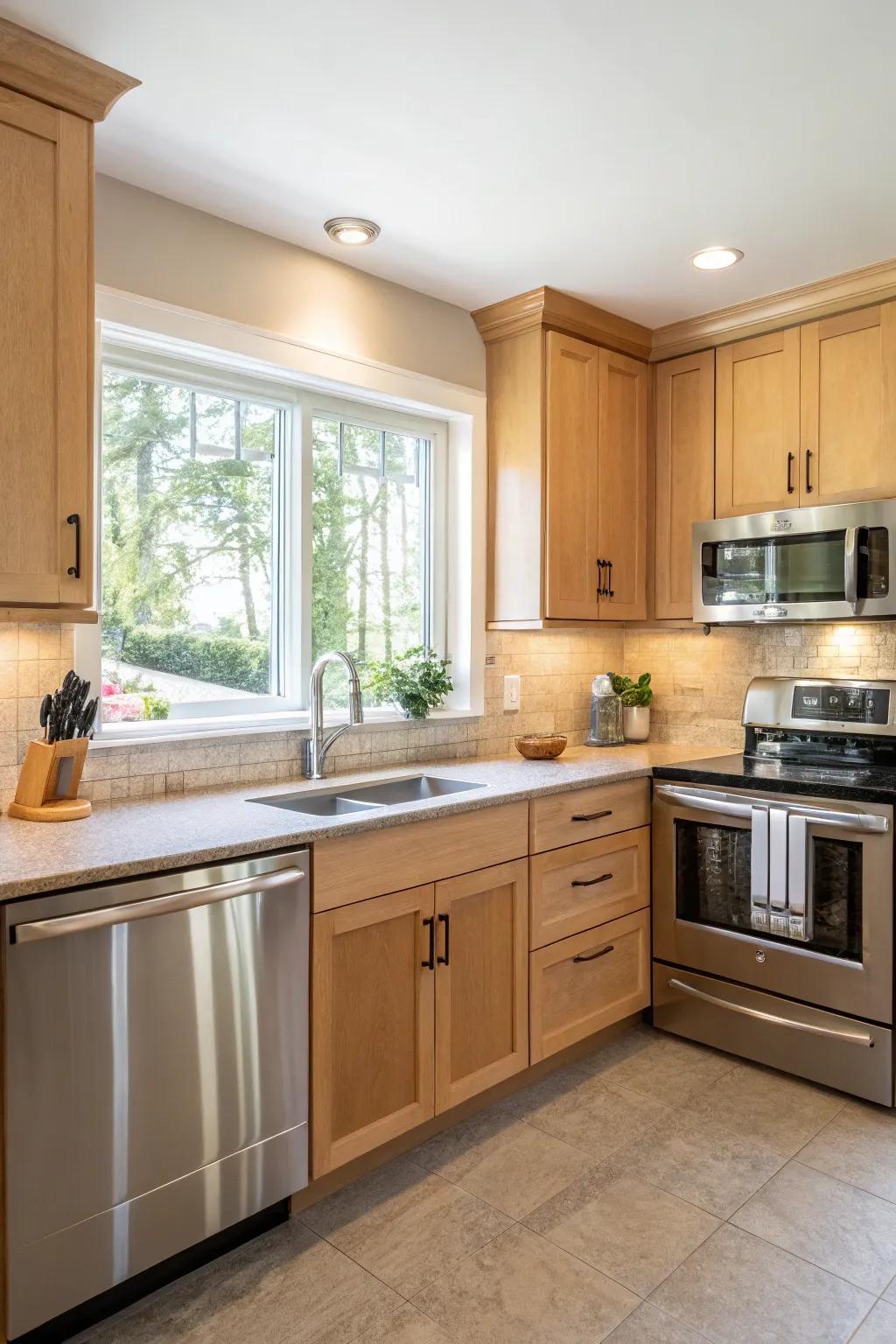 Stainless steel appliances match wonderfully with light oak cabinets for a sleek aesthetic.