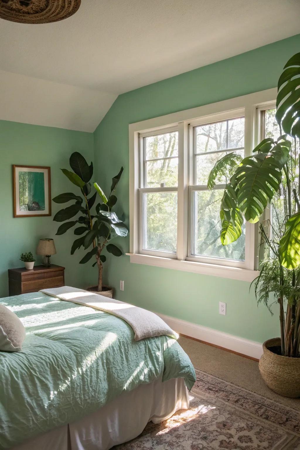 A seafoam serenity bedroom brimming with natural elements.