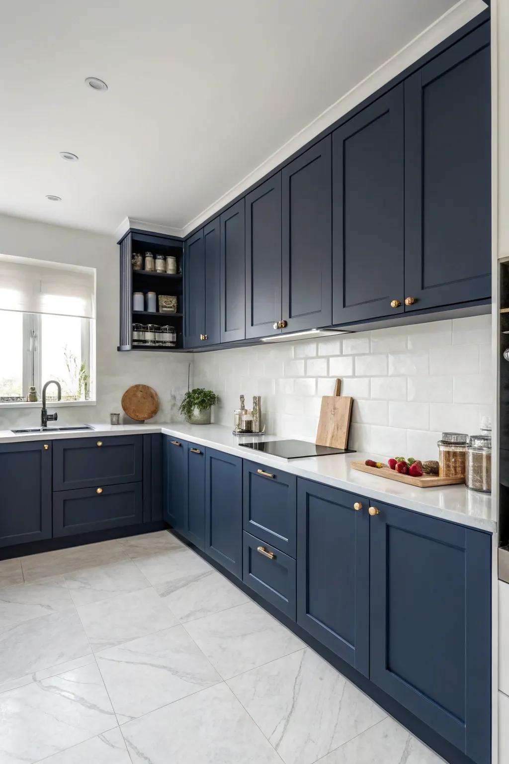 Simple dark blue cabinets make a kitchen look sleek and modern.