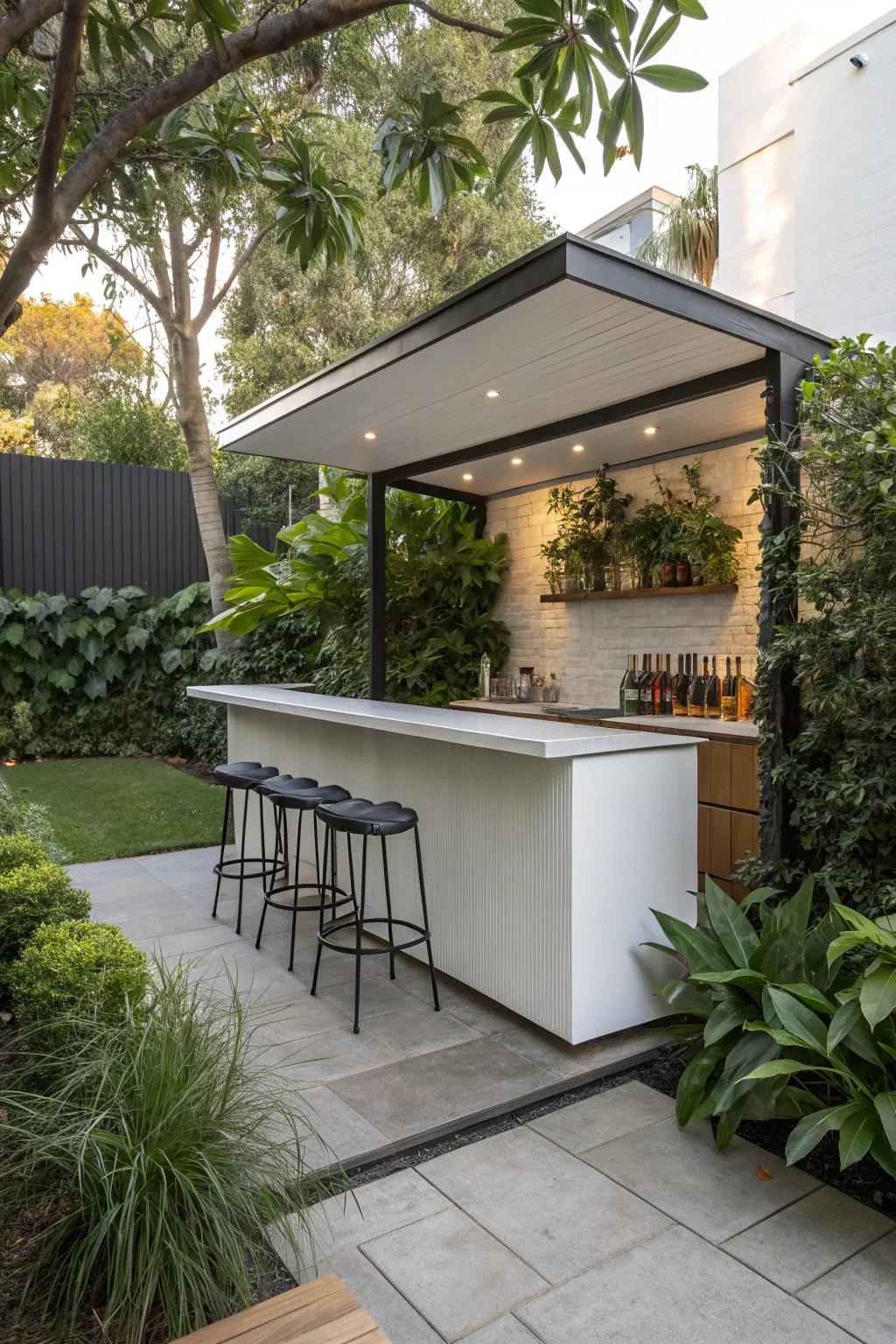 A minimalist bar design that optimizes small outdoor areas.