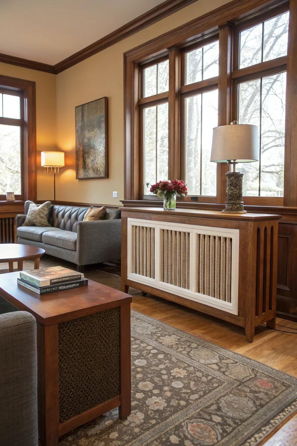 A modern century living space with a fashionable radiator shield.