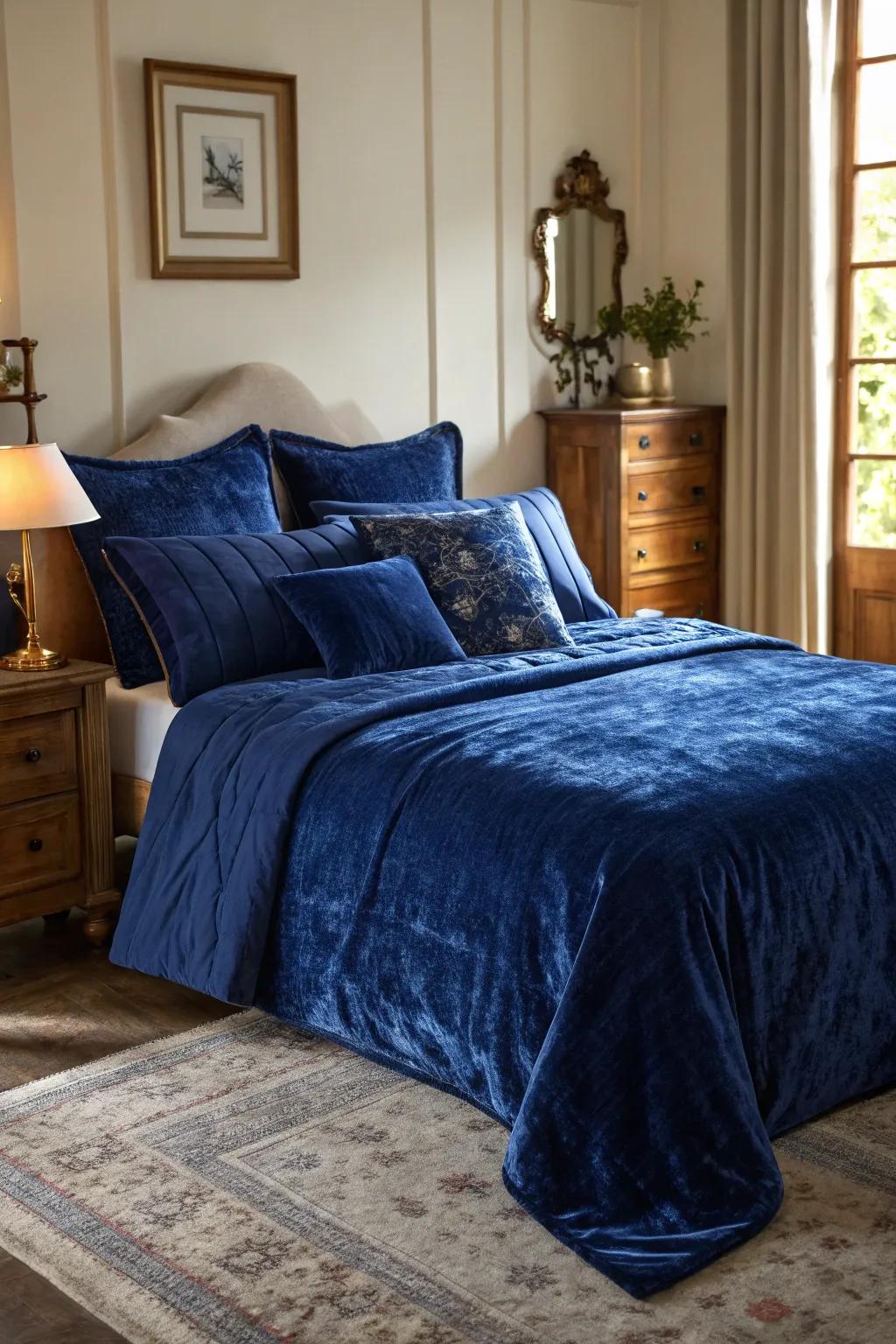 Majestic blue velvet bedding appends a hint of opulence and comfort.