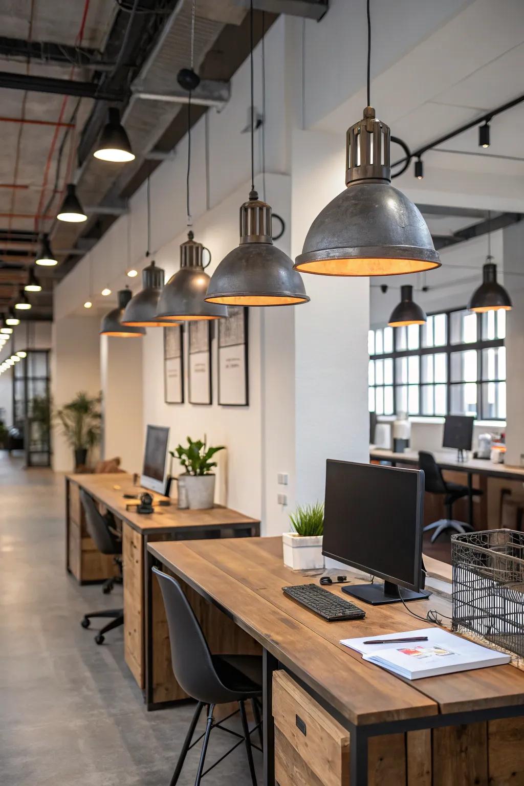 Factory-style lighting adds a modern edge to rustic office design.