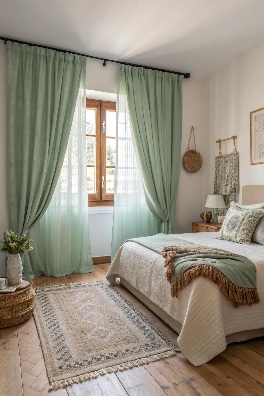 Soft green window hangings elegantly frame windows, adding a hint of sophistication.