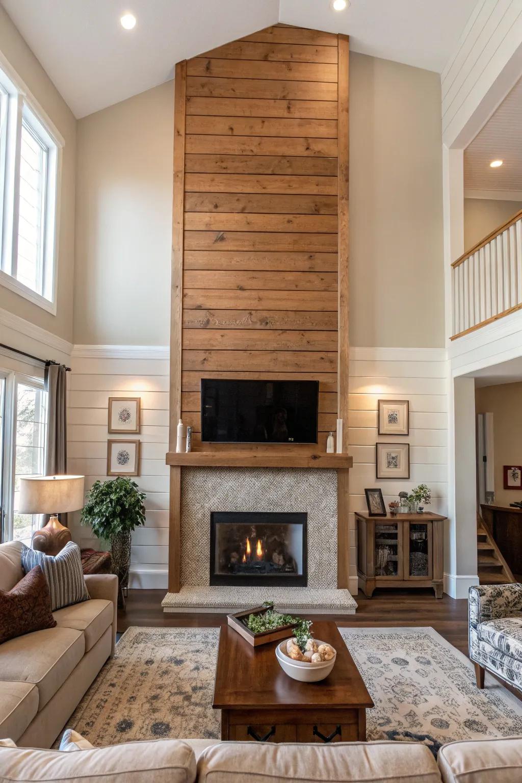 A vertical shiplap fireplace that adds height to the room.