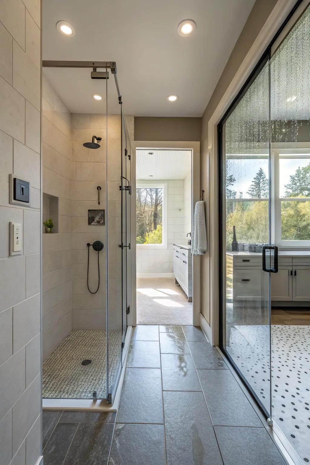 A spacious and modern open-entry shower with a smooth entrance.