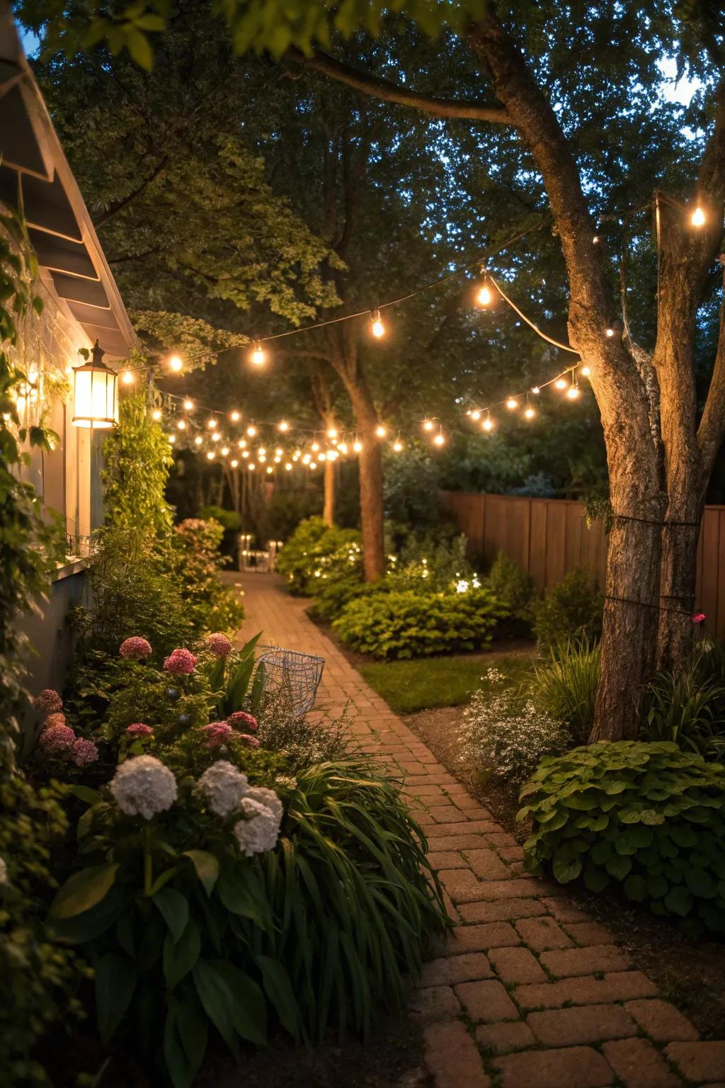 Strategic illumination enhancing the mood of a small garden.