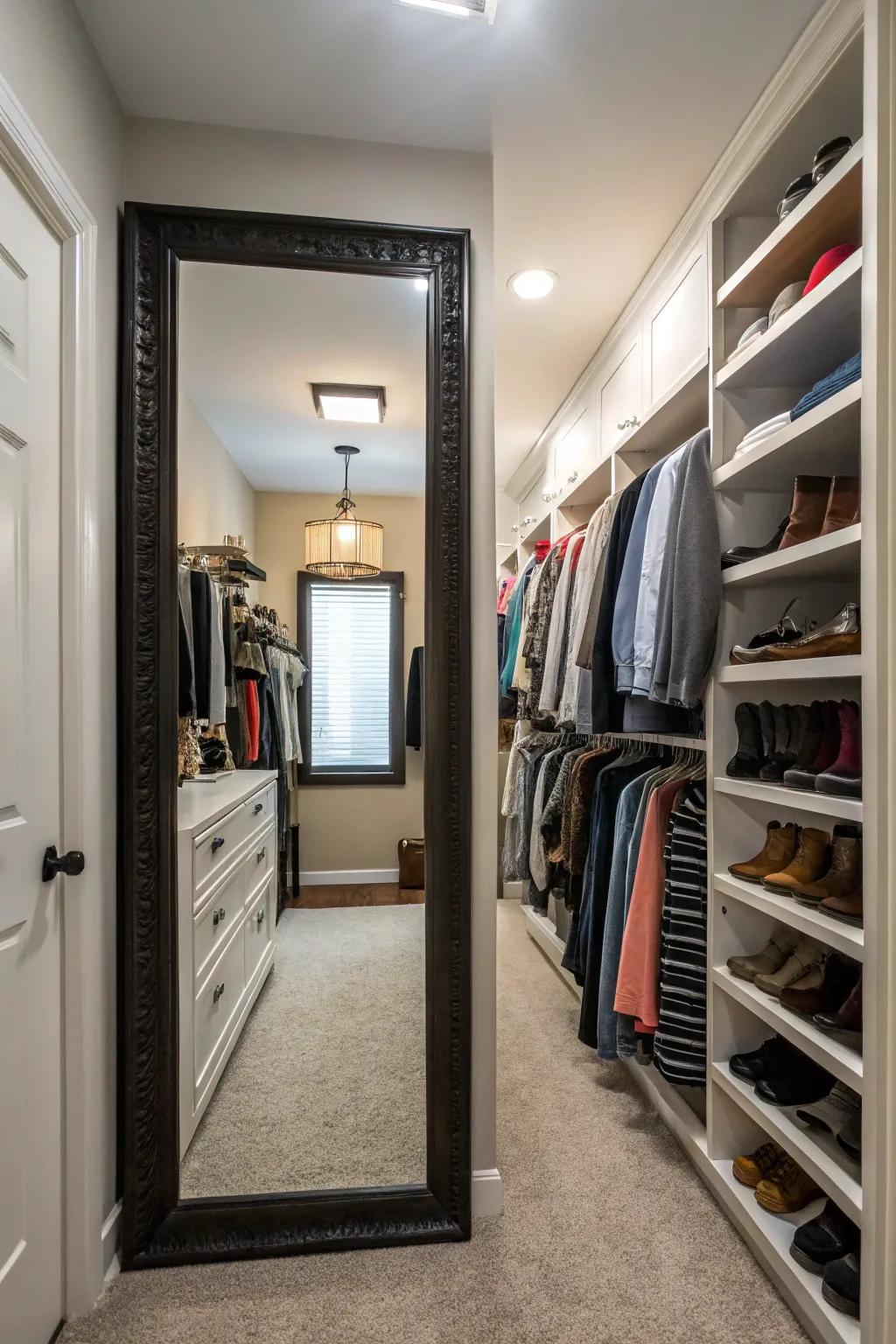 A reflective surface boosts space and brightness within your closet.