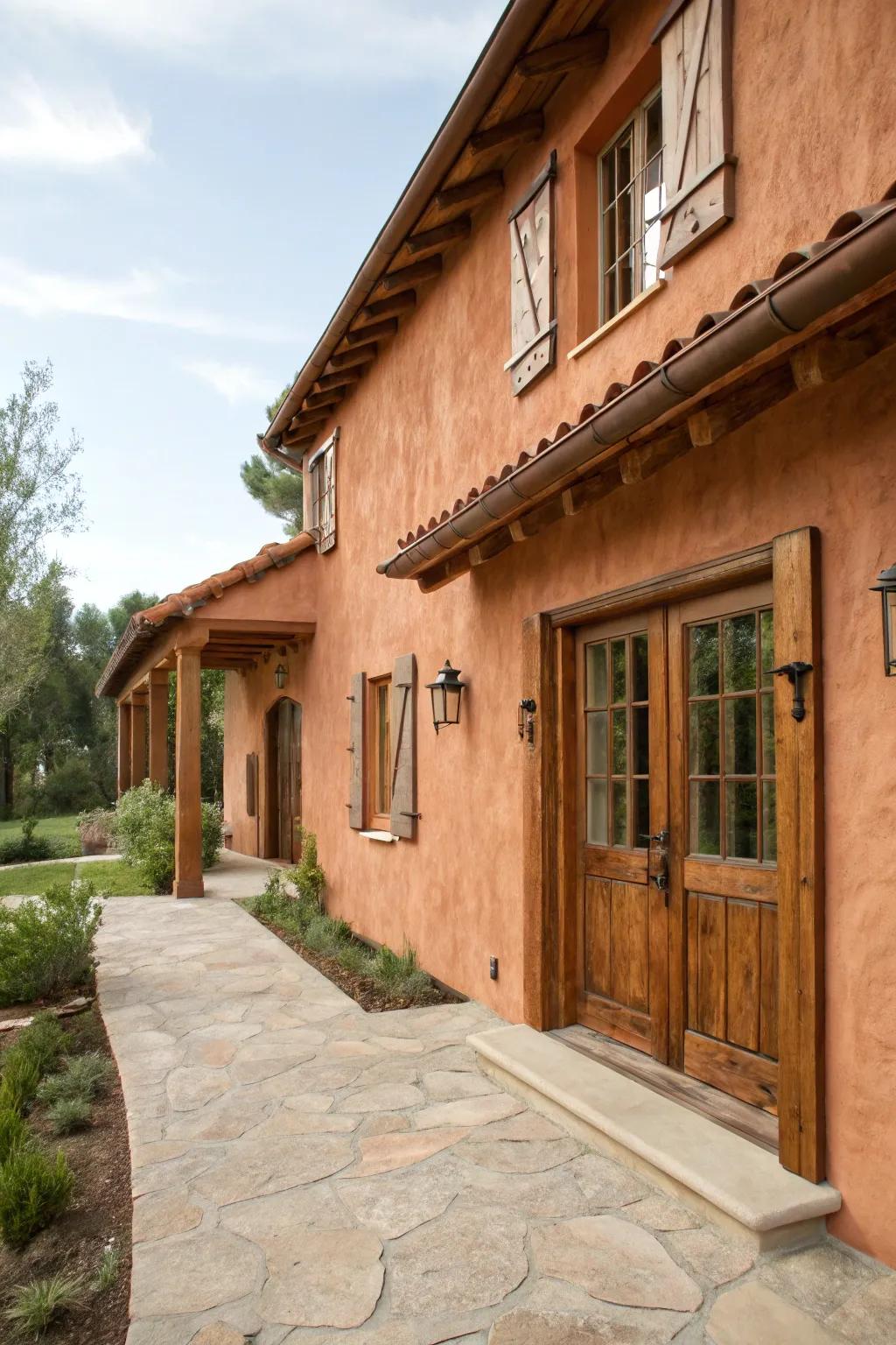 Welcoming terracotta stucco house with lumber details.