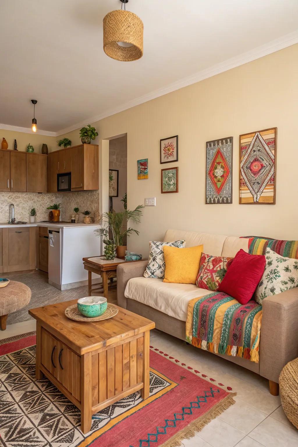 A studio apartment with colorful accents and neutral earth tones.