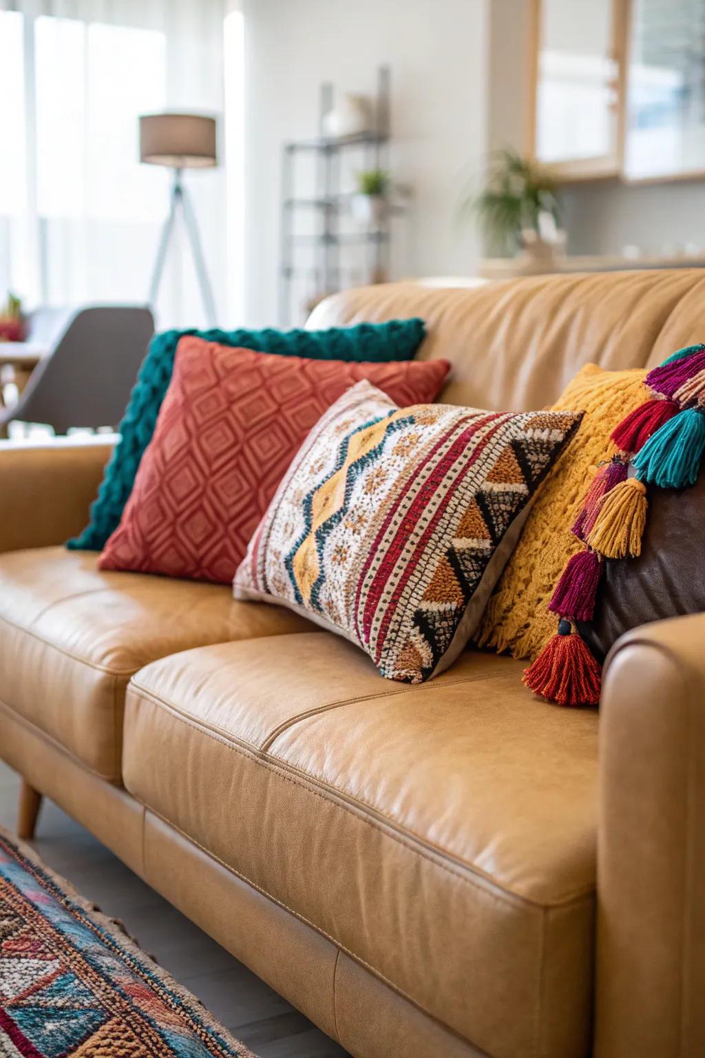 Spirited decorative cushions breathe vibrancy into a russet hide settee.