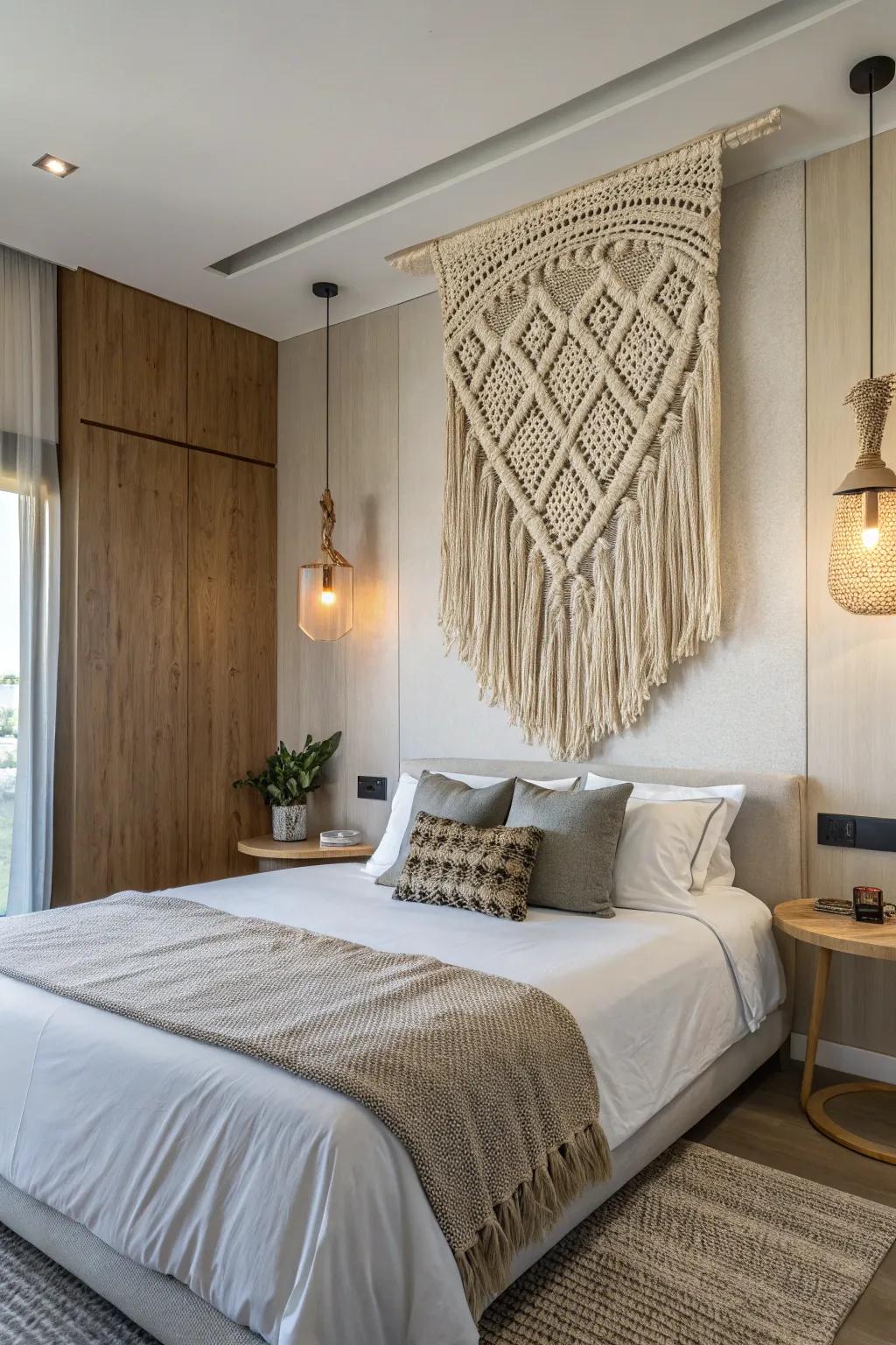A woven wall piece adding texture to a modern sleeping quarters.