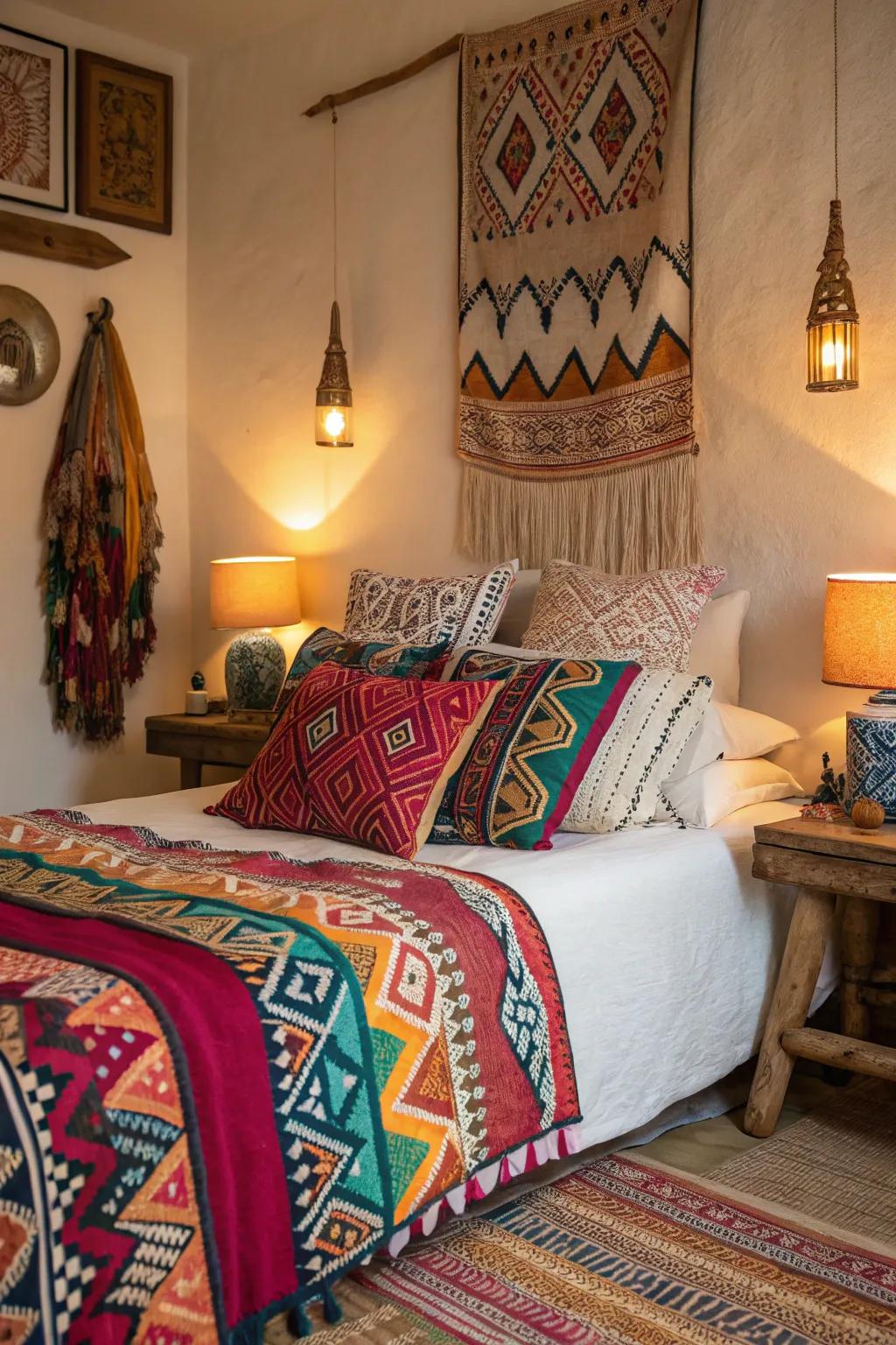 Native designs contribute a vibrant elegance to the bedroom.