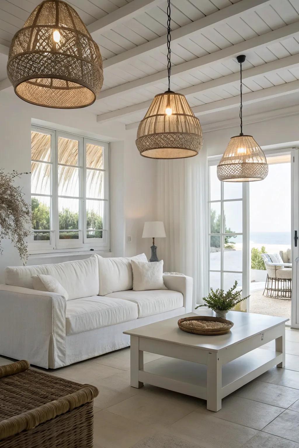 Layered lighting enhances the ambiance in a modern white living room.