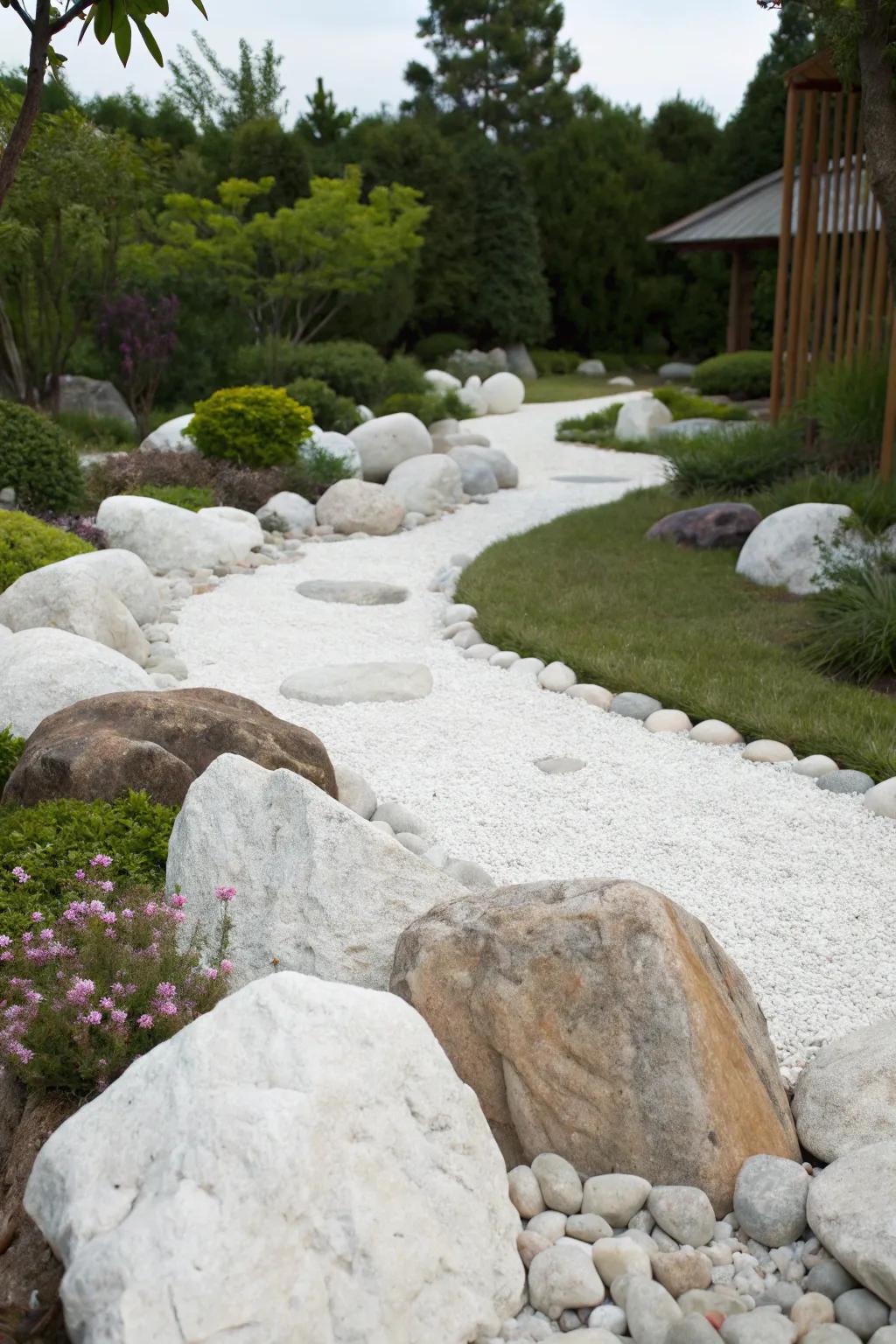 A garden showcasing large featured stones nestled among pale stones, crafting a textured landscape.