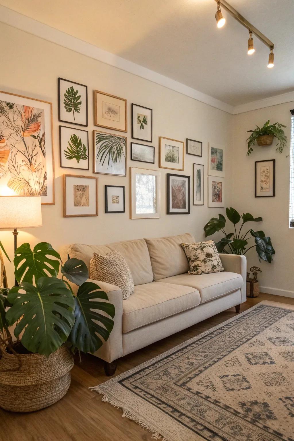 Monstera leaves accentuate a living area with neutral tones.