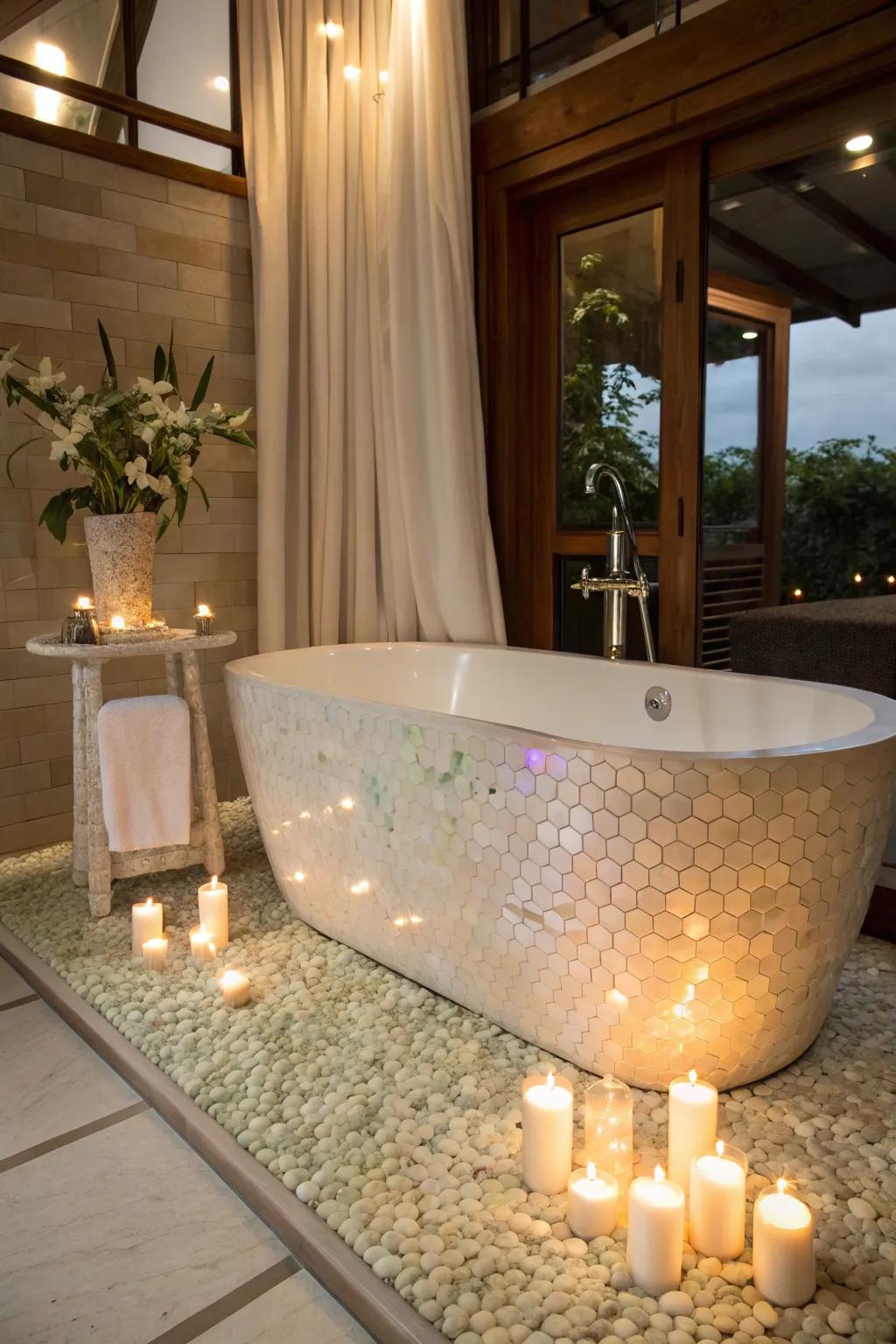 Amplify your bathing experience with a mother of pearl panel surround.