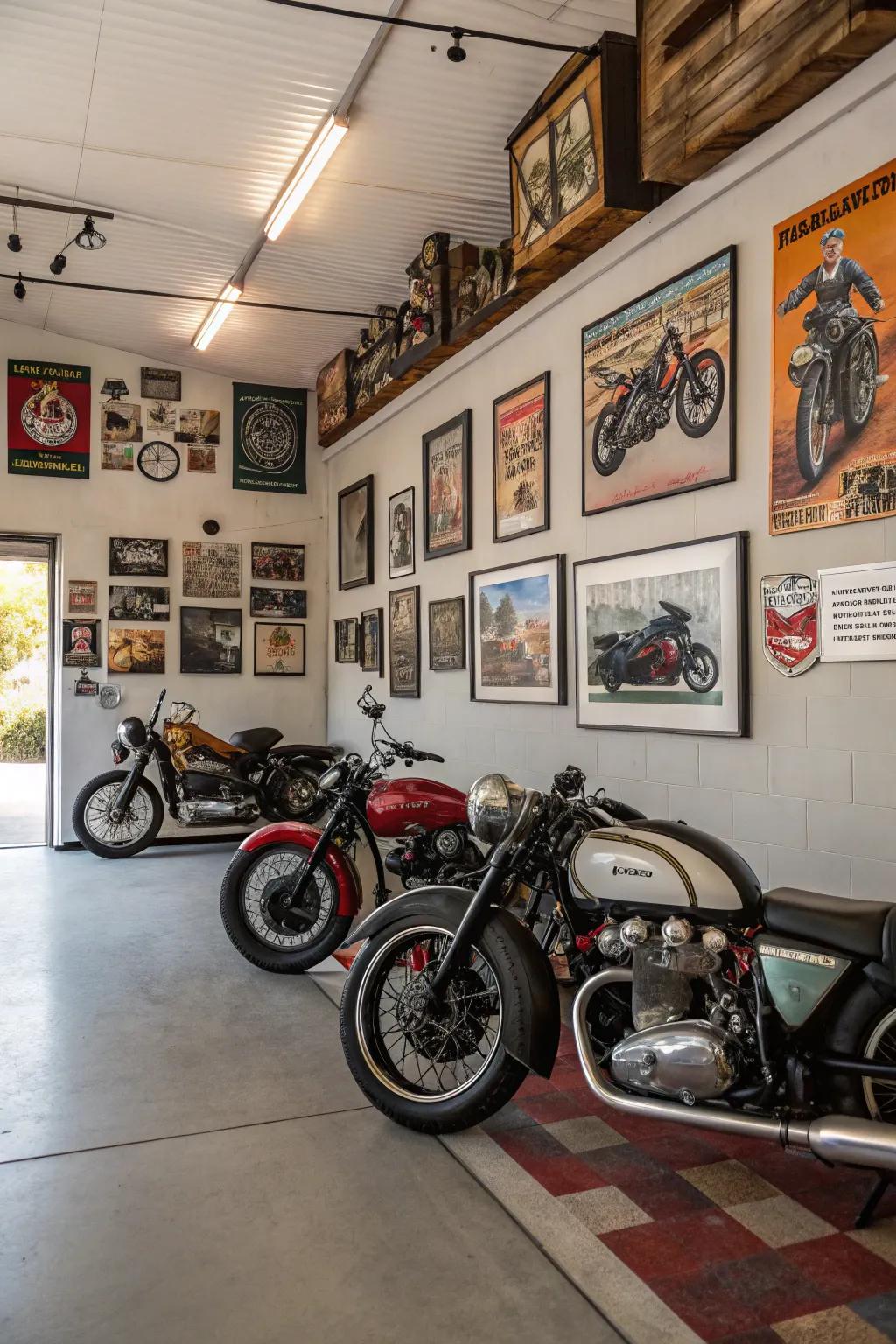 A garage transformed into a motorbike gallery.