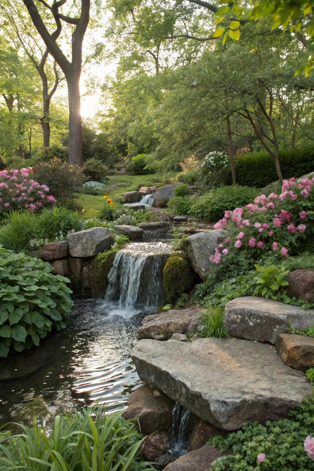 A gentle waterfall flowing over natural stones, bringing peace to the garden.