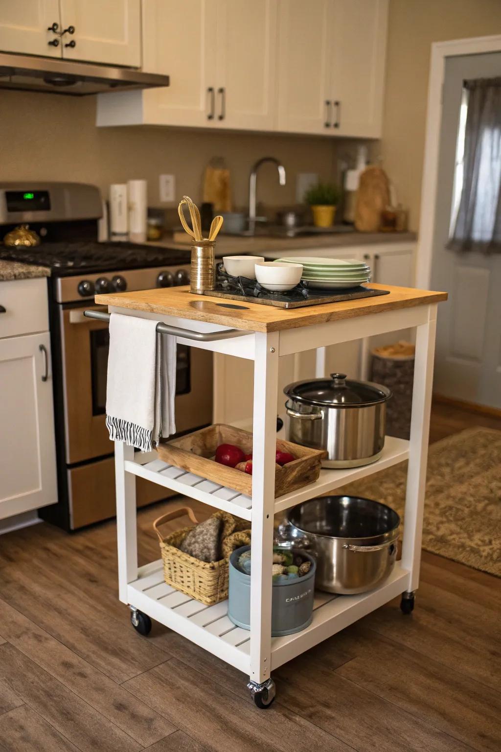 A compact kitchen island designed to save space