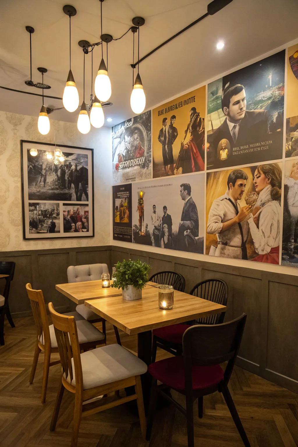 A dining area exhibiting a collage artwork composed of diverse movie scenes.