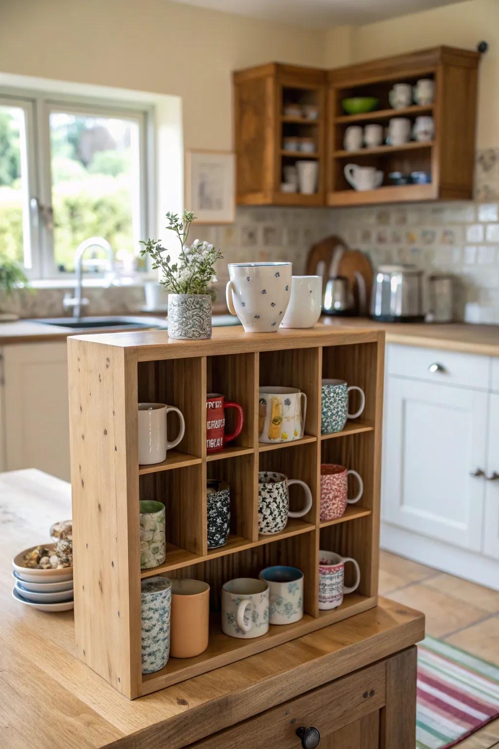 Arrange your mugs separately using cubby organizers.