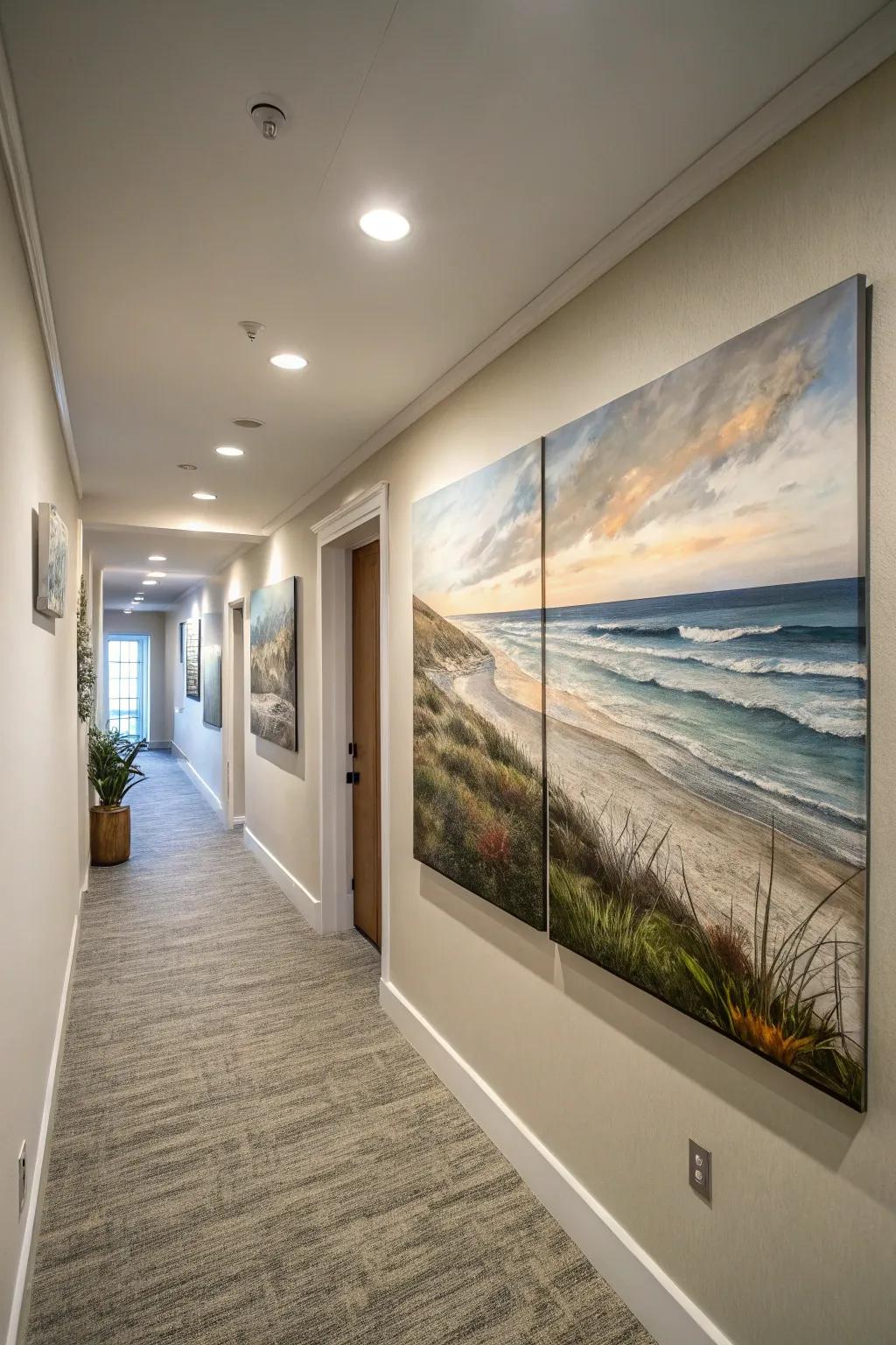 A serene coastal landscape illustration traversing numerous canvases, yielding a seamless view in the hallway.