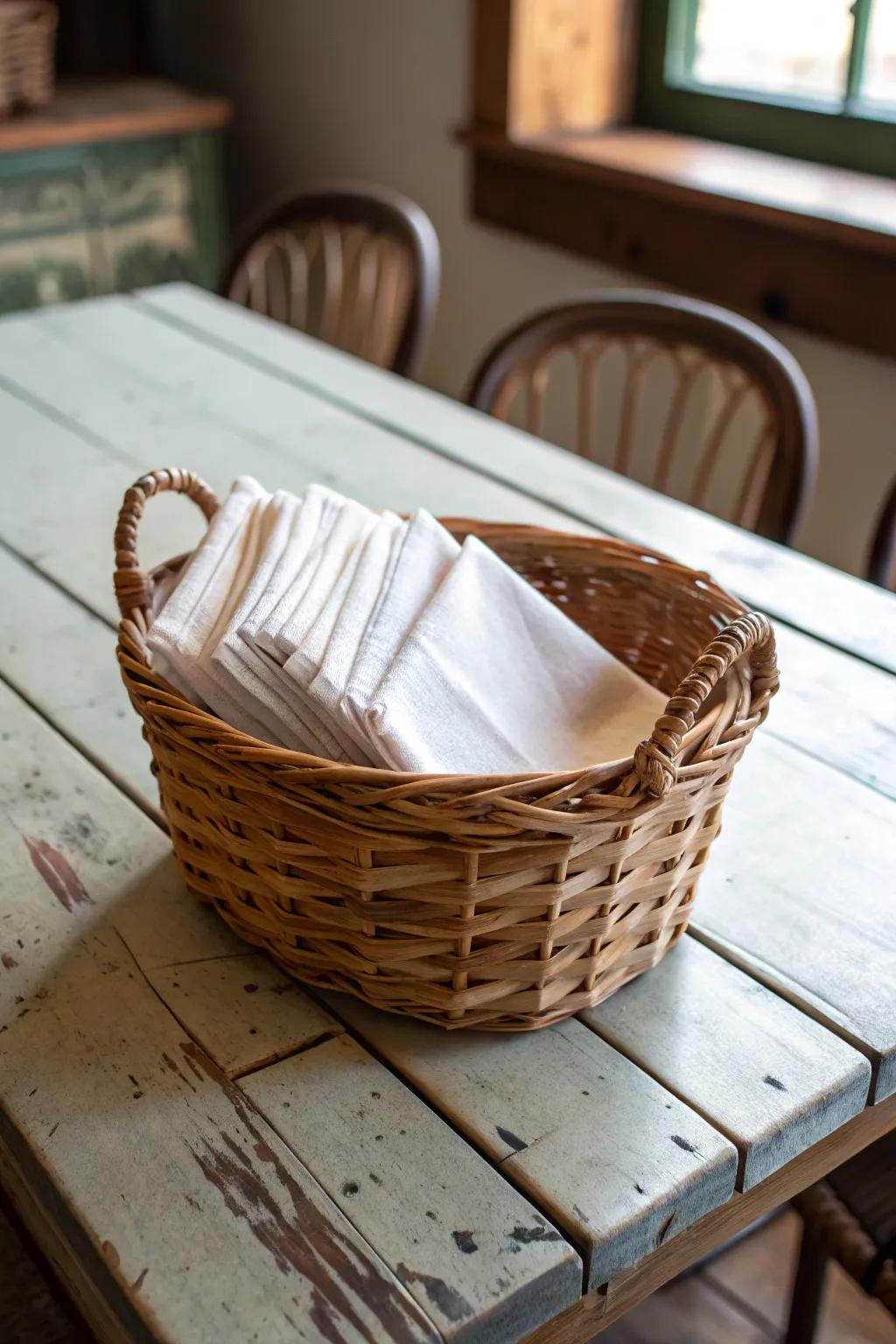 Woven baskets providing charming and functional storage solutions for napkins.