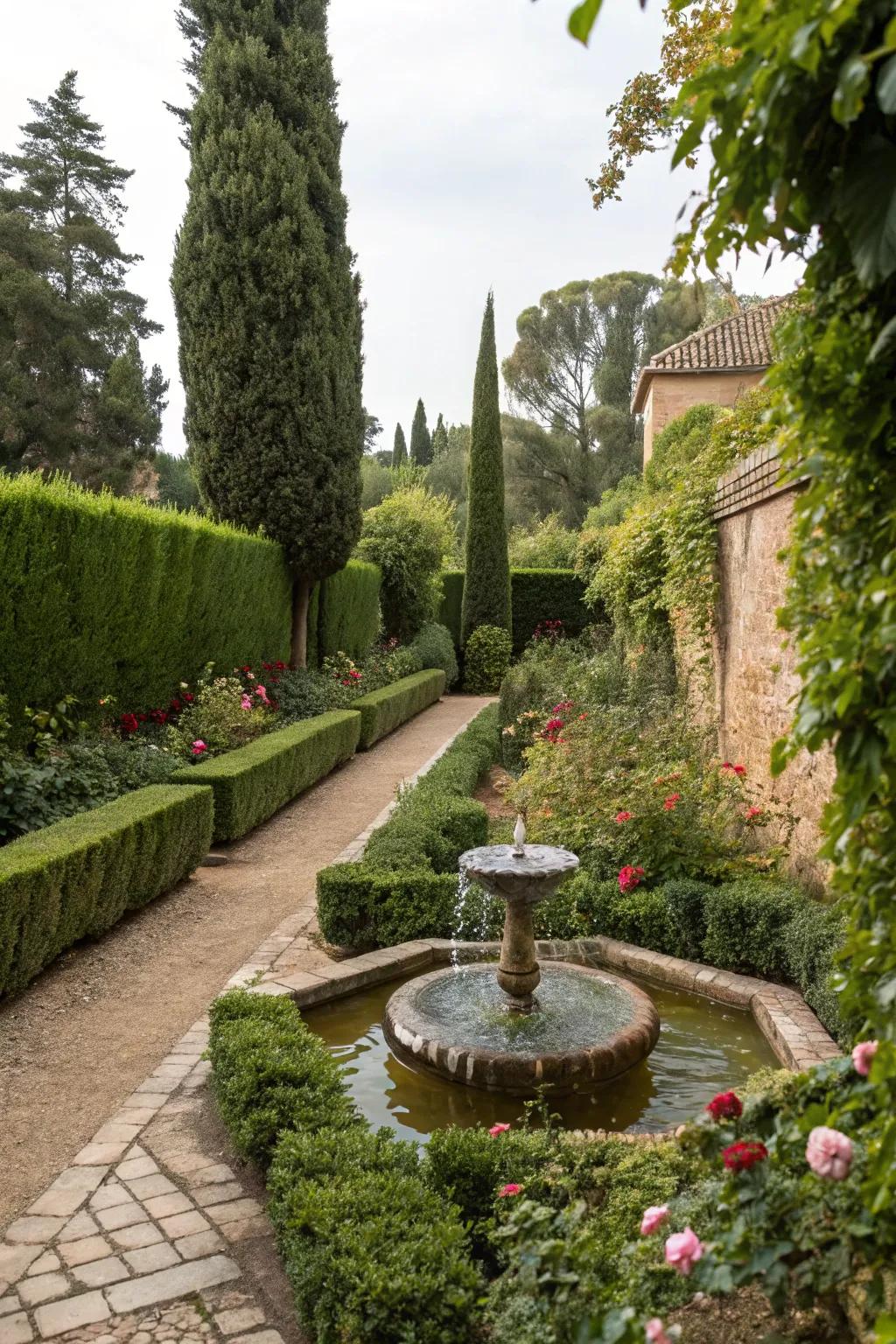 A water feature enriches a narrow garden with tranquility and appeal.