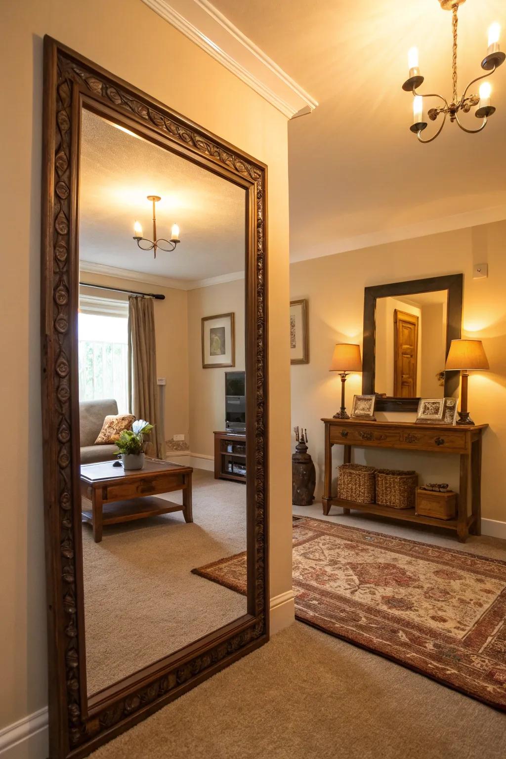 A strategically located large mirror augmenting the expanse of a restricted living space.
